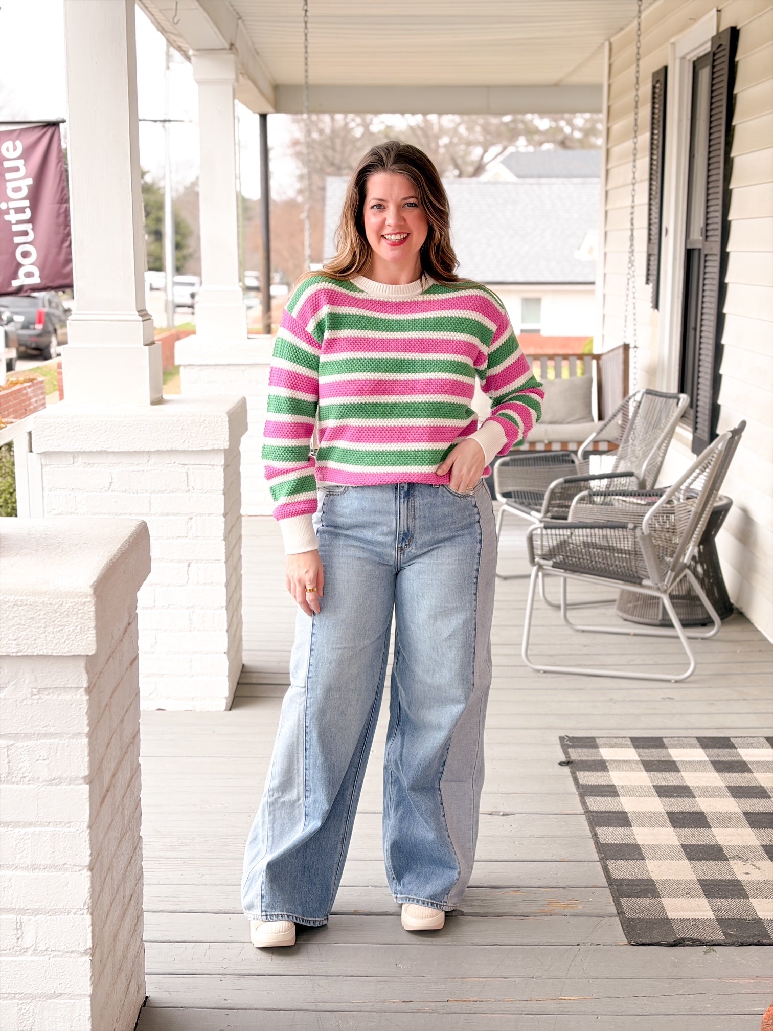 Rose & Lee Co Mikala Sweater, Pink/Green Stripe Sweaters