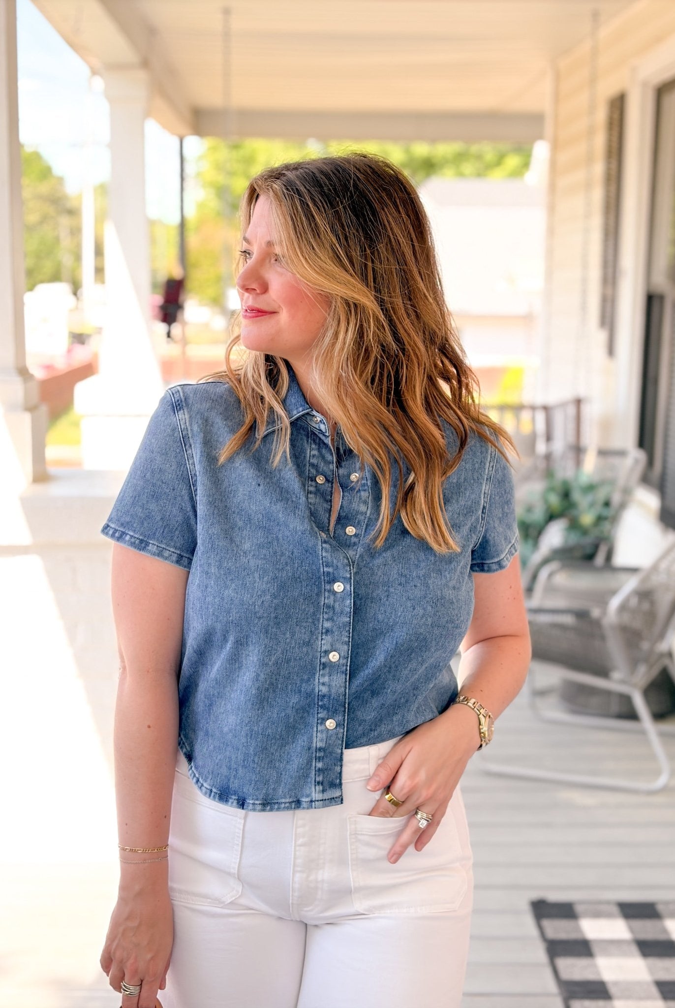 Rose & Lee Co Jessie Top, Mid Move Blue by Mavi Jeans short sleeve