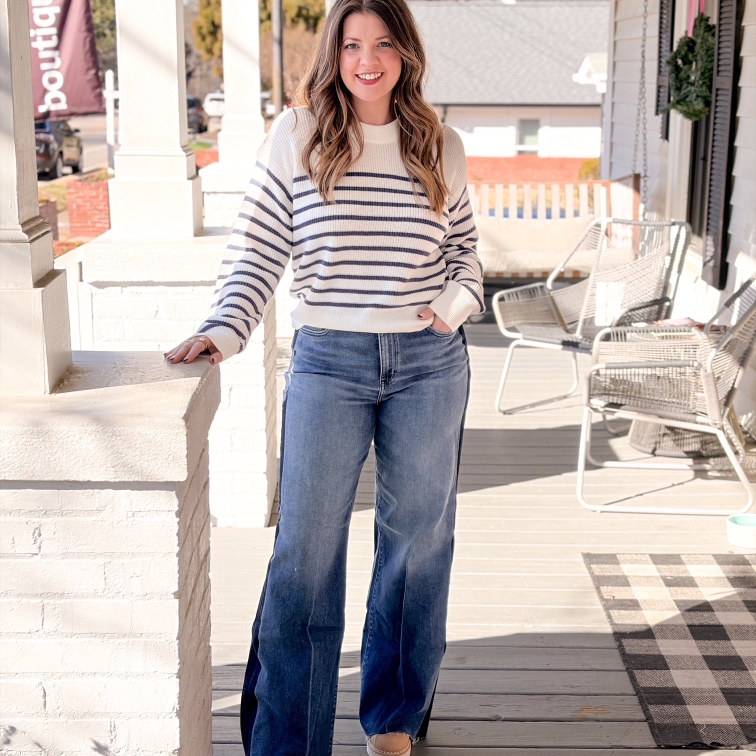 high rise denim with dark line down side