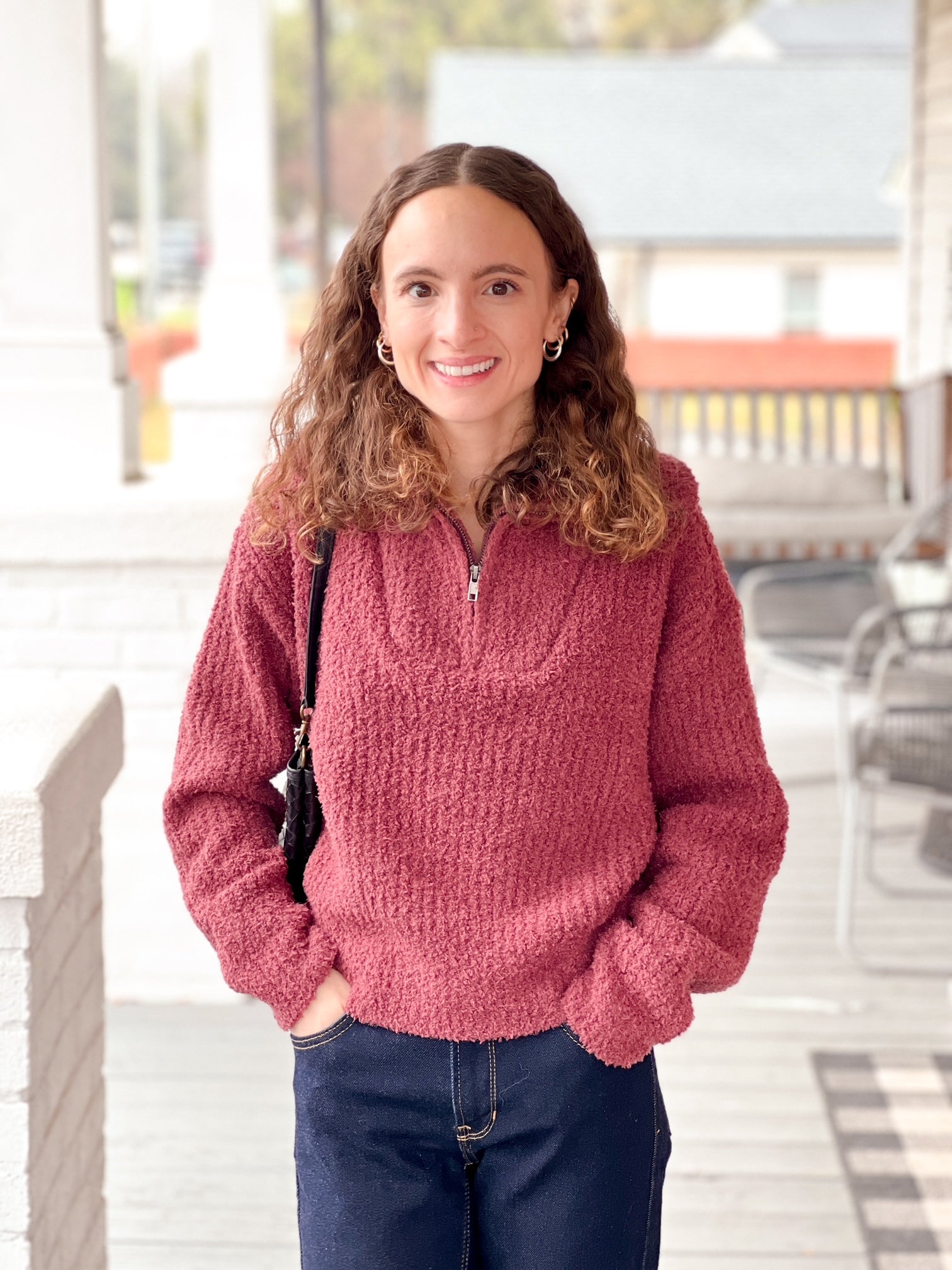 Pink Fuzzy and Soft Cropped Half-Zip Sweatshirt