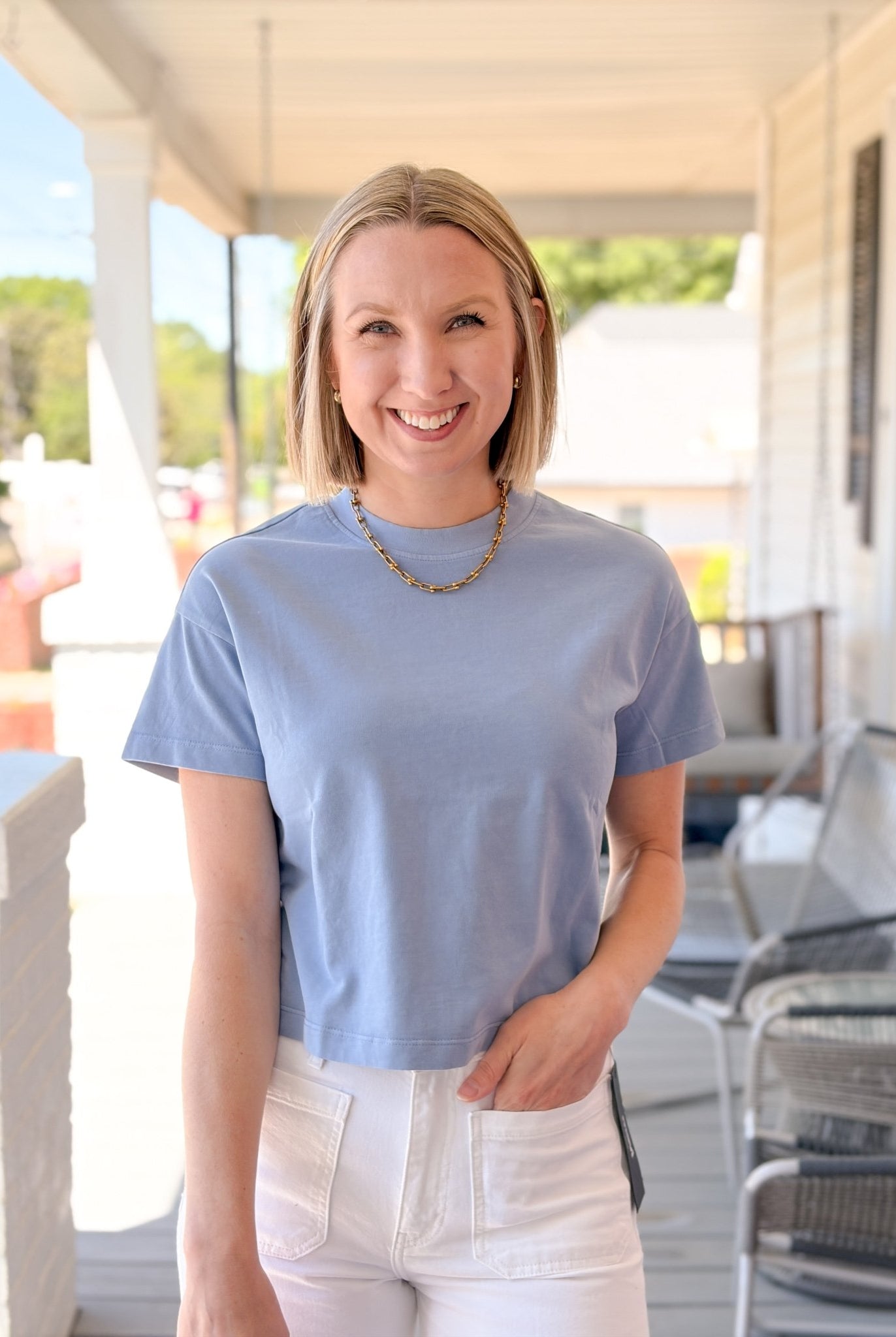 Rose & Lee Co Luxe Sueded Tee, Coastal Blue by Marine Layer short sleeve