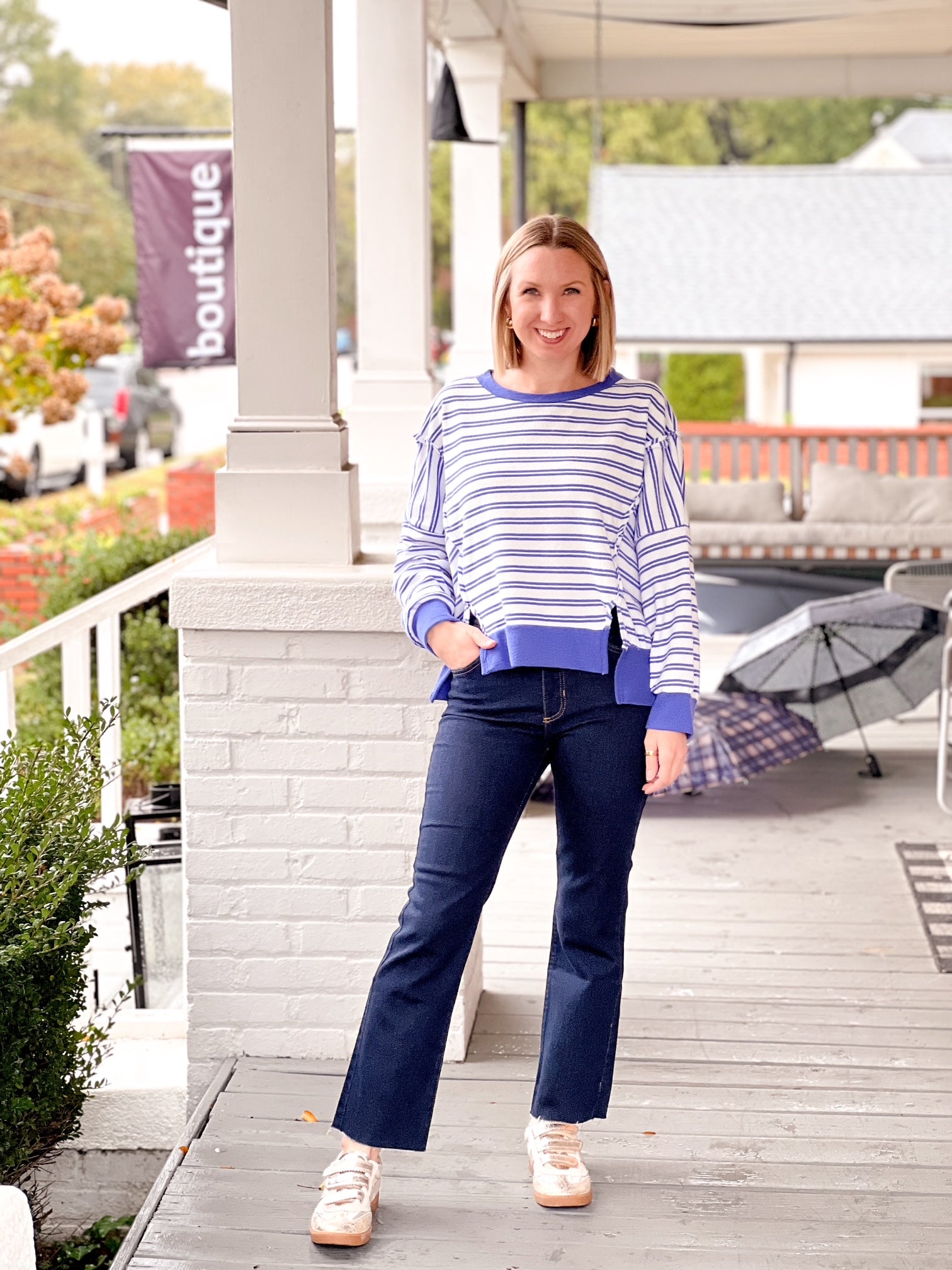 Blue Striped High Low Sweatshirt