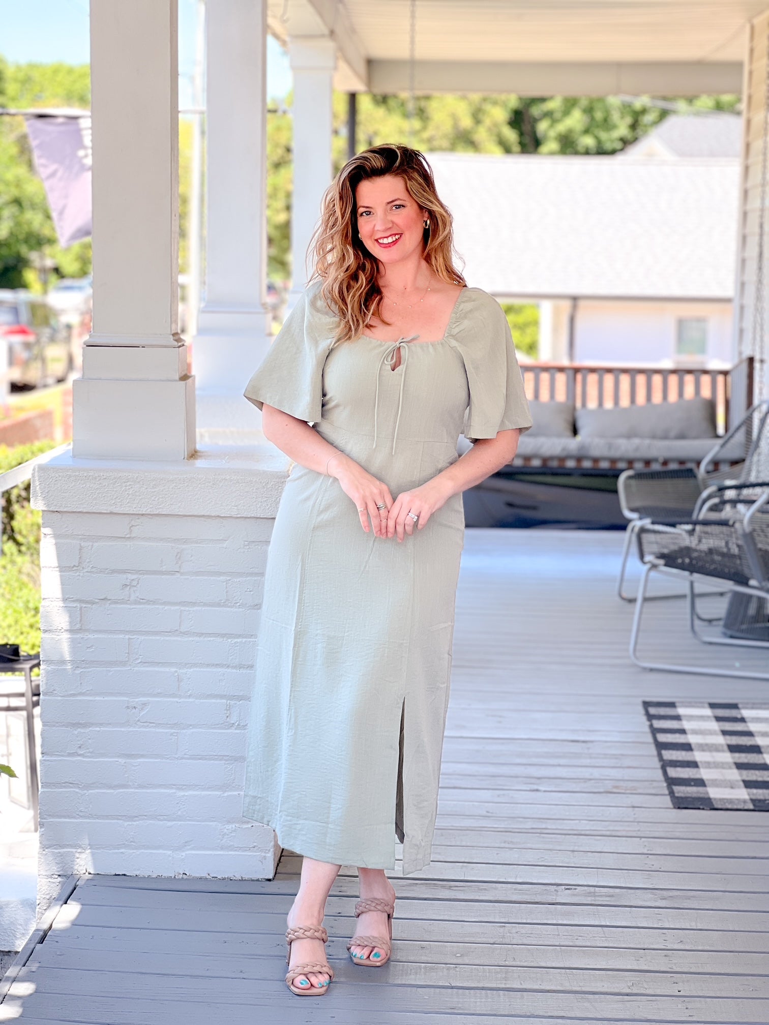 light green midi length dress sleeves with square neckline