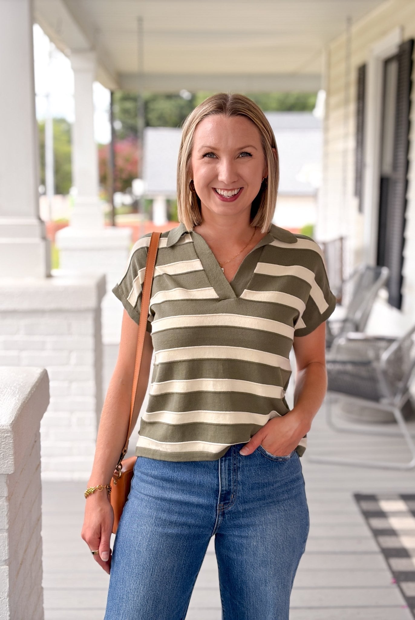 Rose & Lee Co Annabelle Top, Burnt Olive Stripe short sleeve