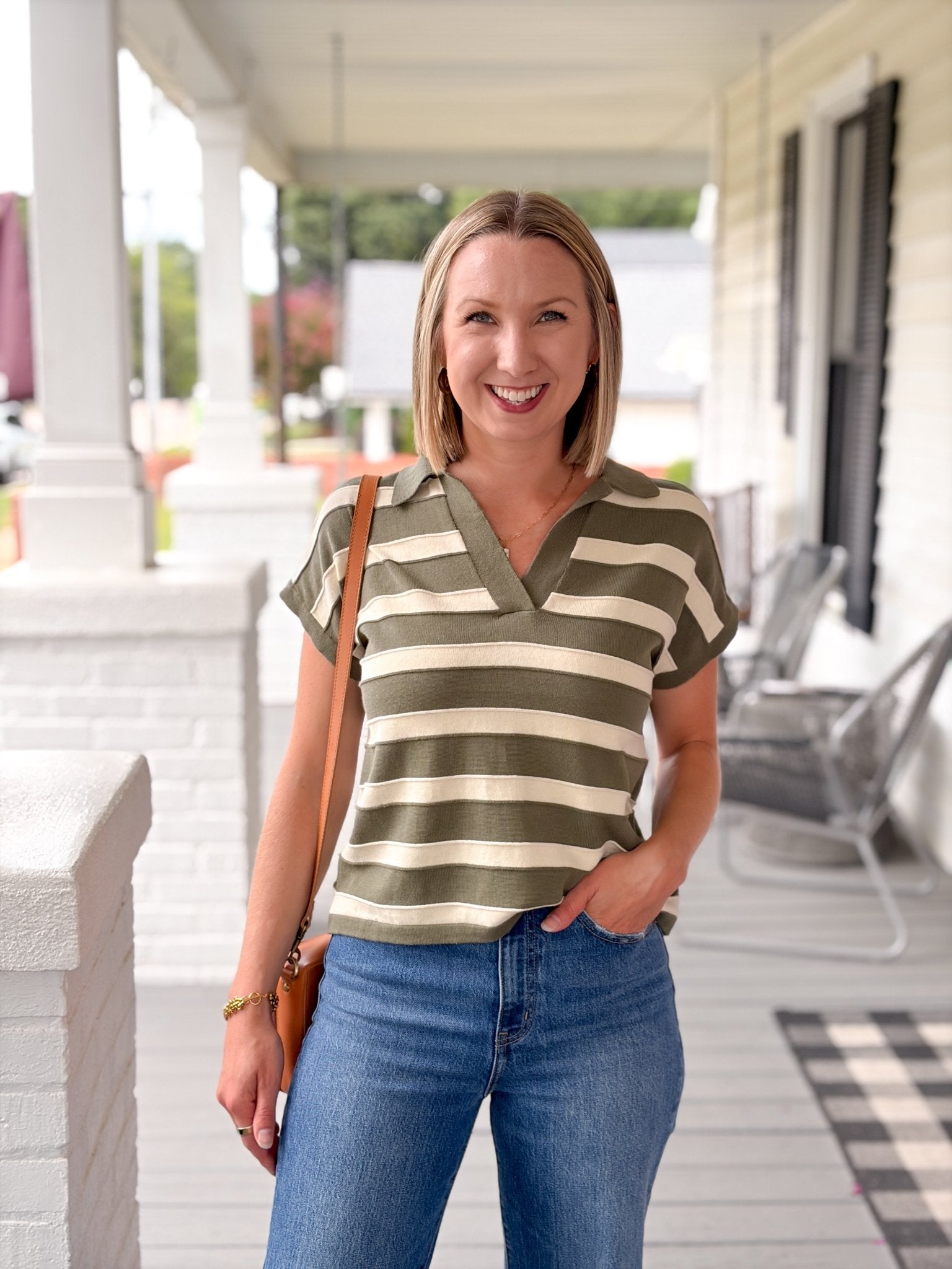 Rose & Lee Co Annabelle Top, Burnt Olive Stripe short sleeve