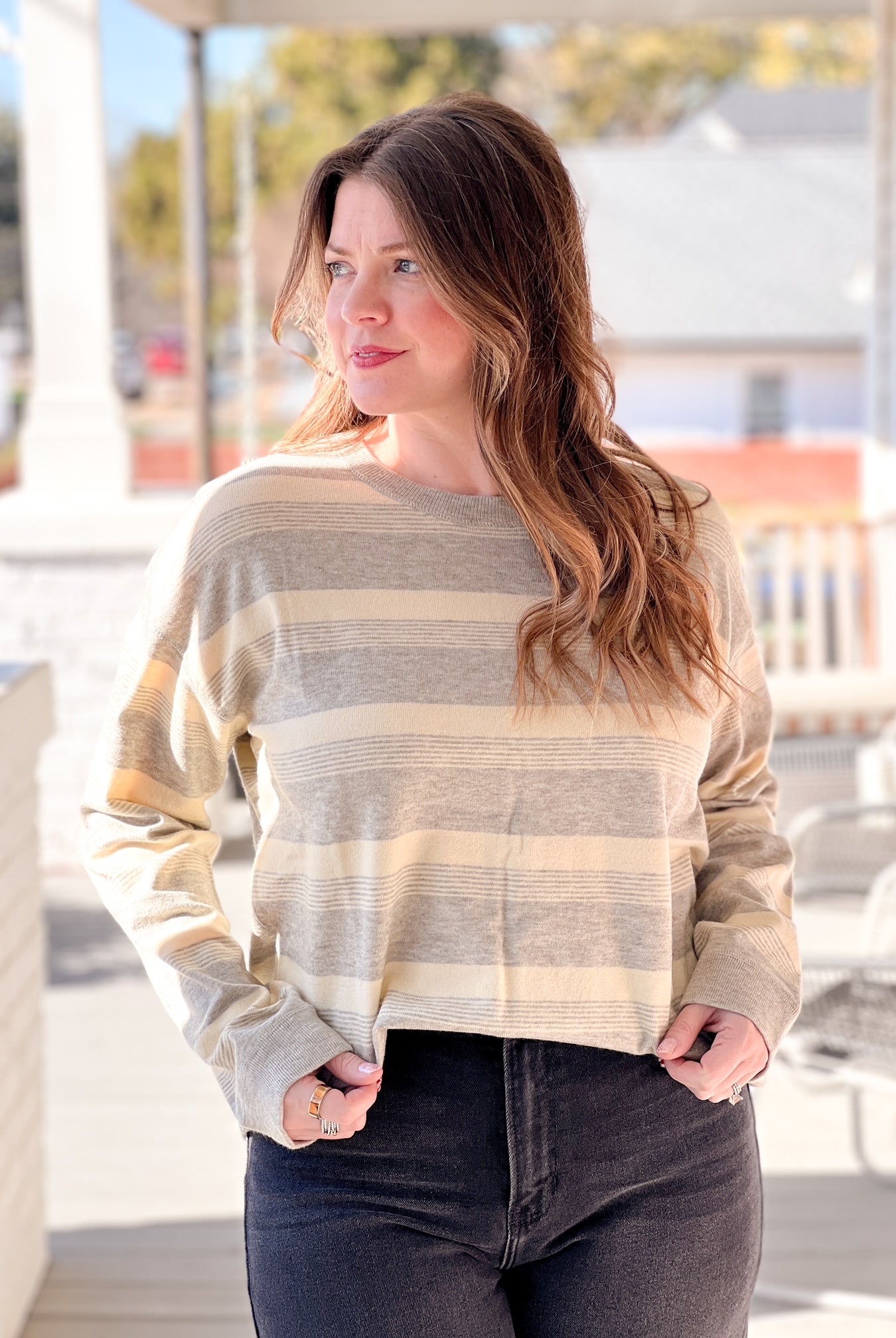 Grey/Buttercream Striped Long Sleeve Lightweight Sweater