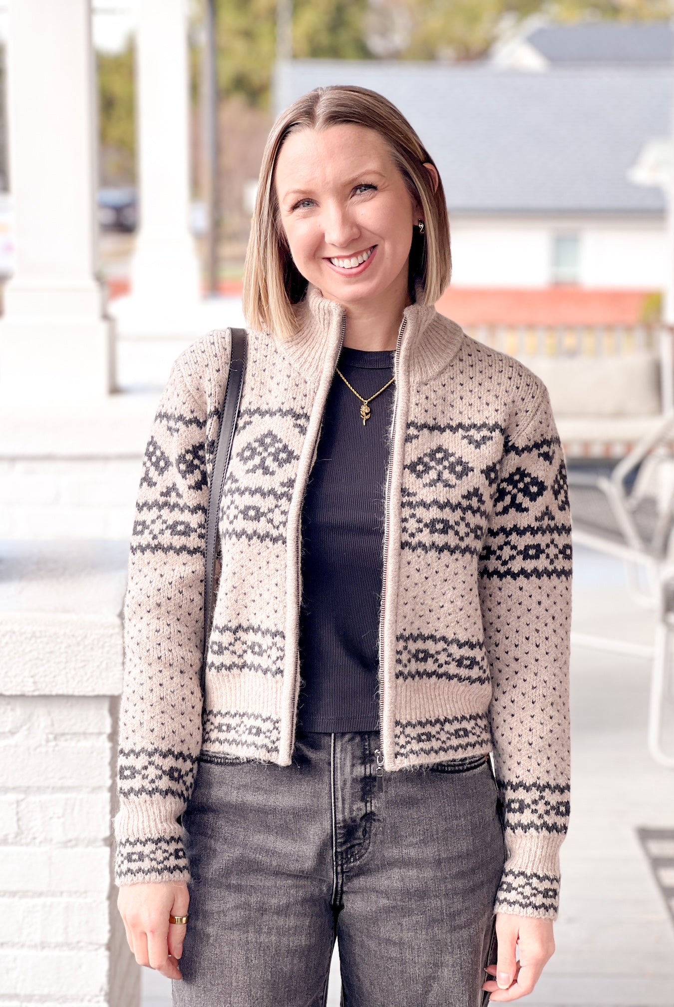 brown cardigan with black detailing, zip front