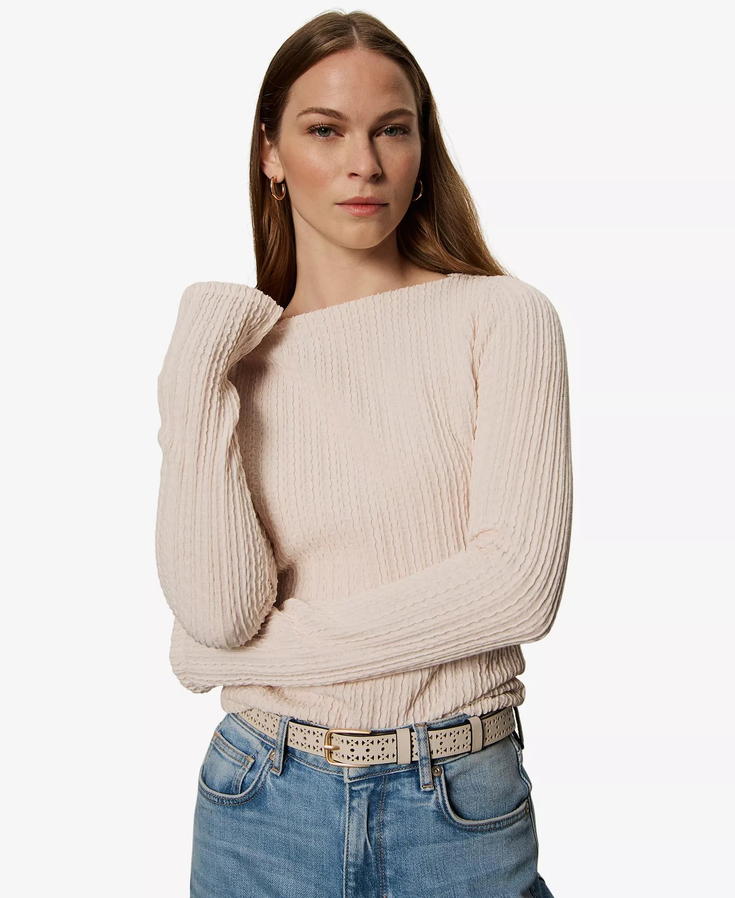 long sleeve white pink top with boat neckline