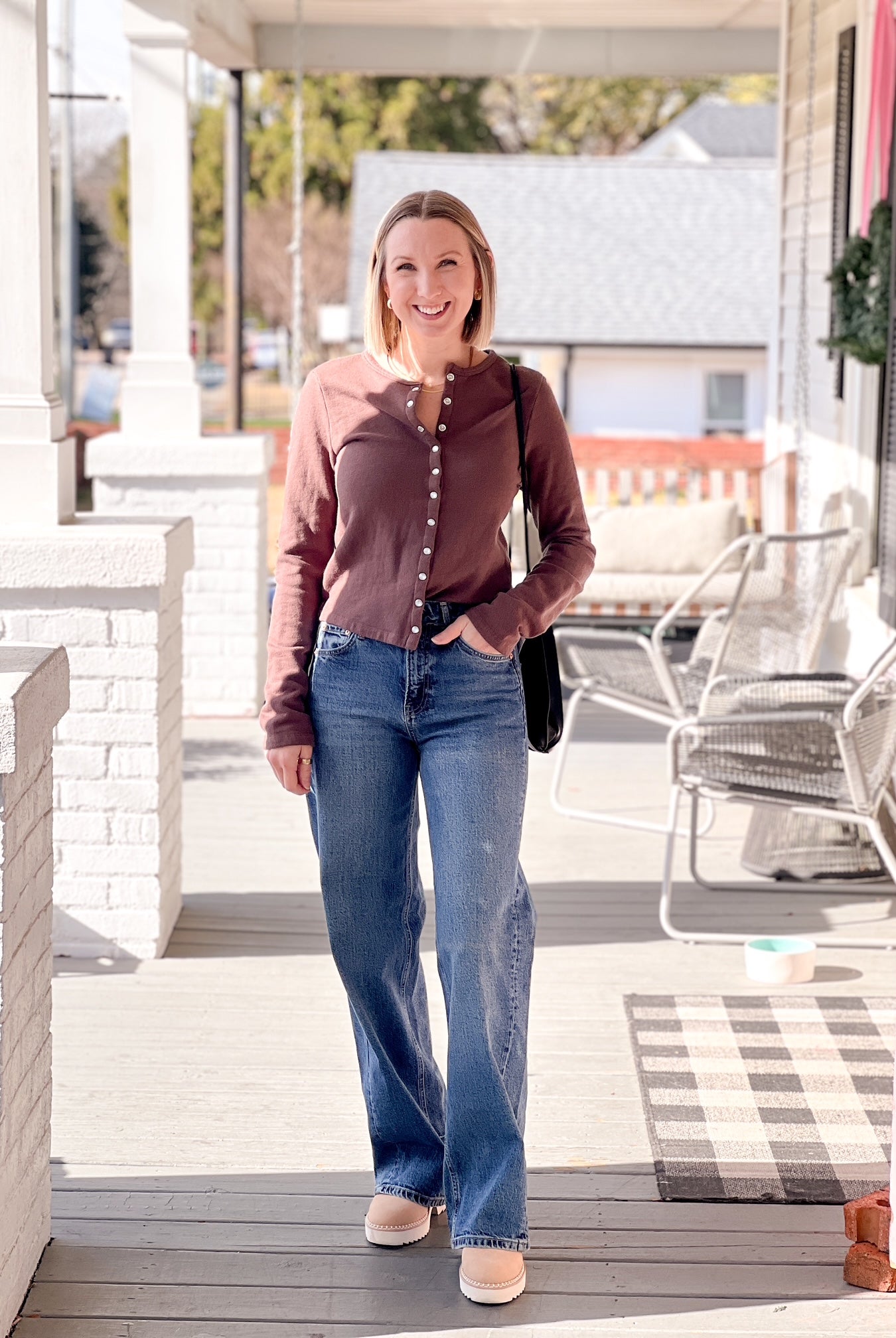 brown cardigan with button up front