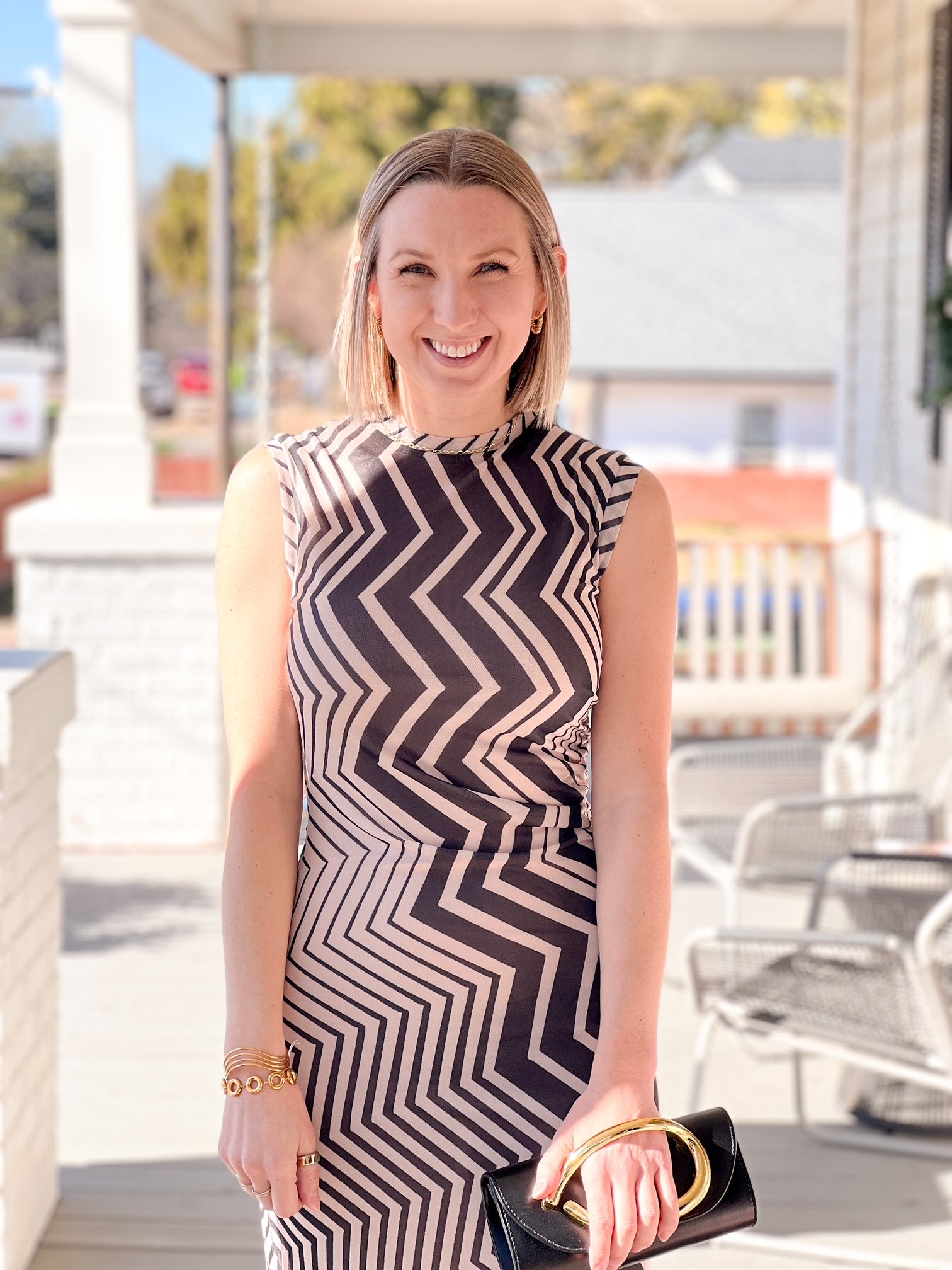 Sleeveless High Neckline Chevron Stripe Dress