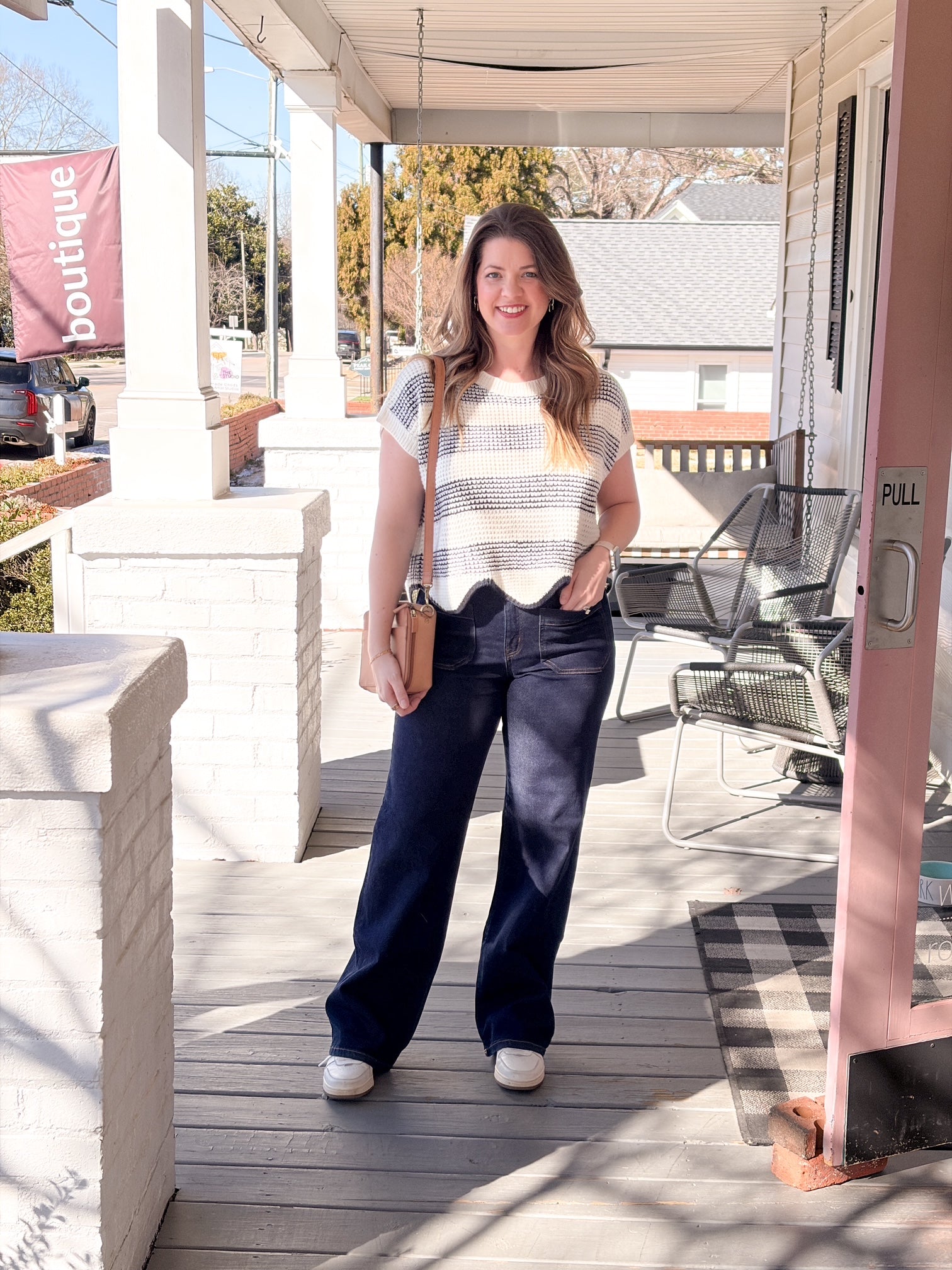 Navy/Ivory Striped Short Sleeve Sweater Top