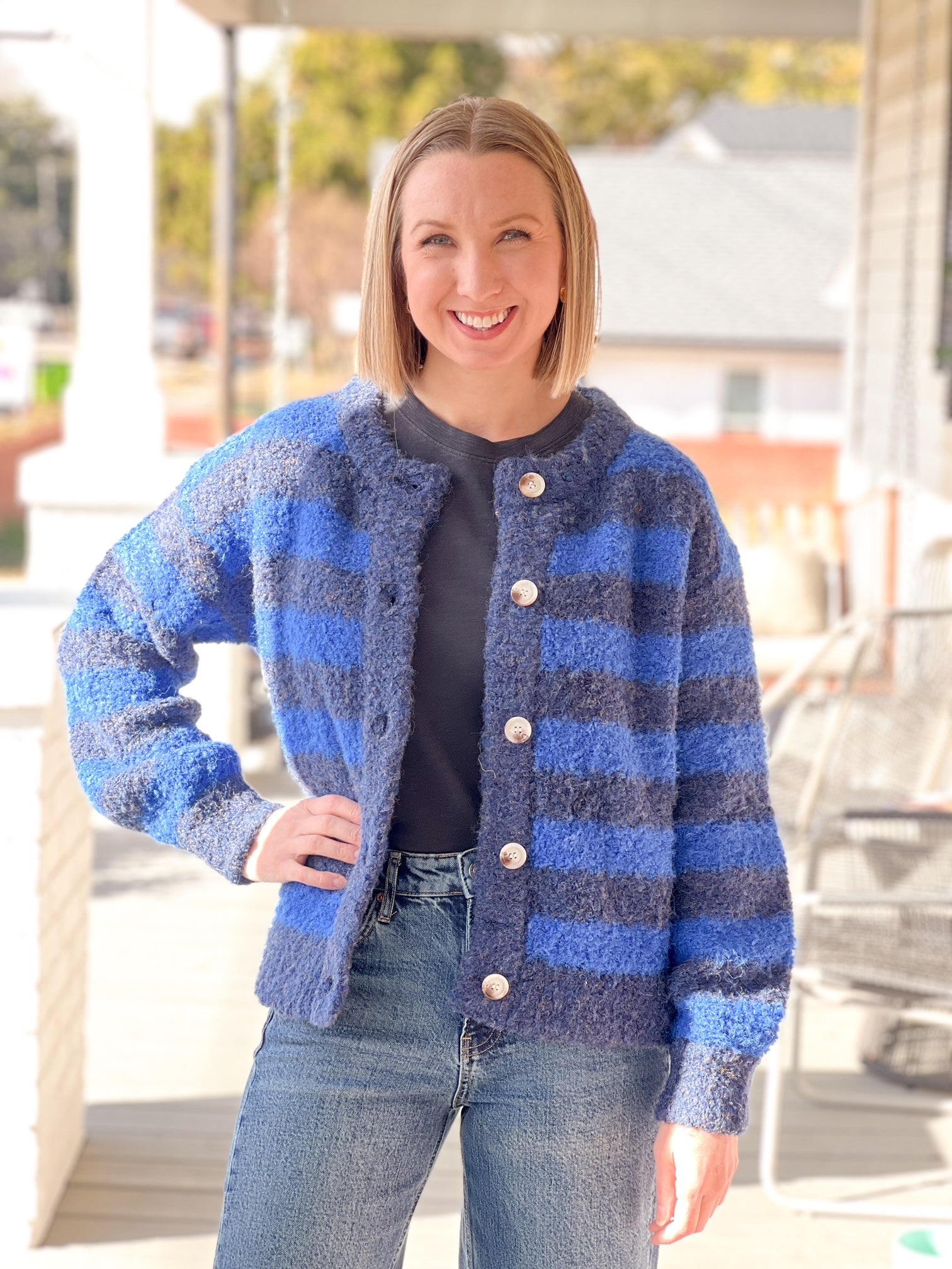 blue checkered cardigan