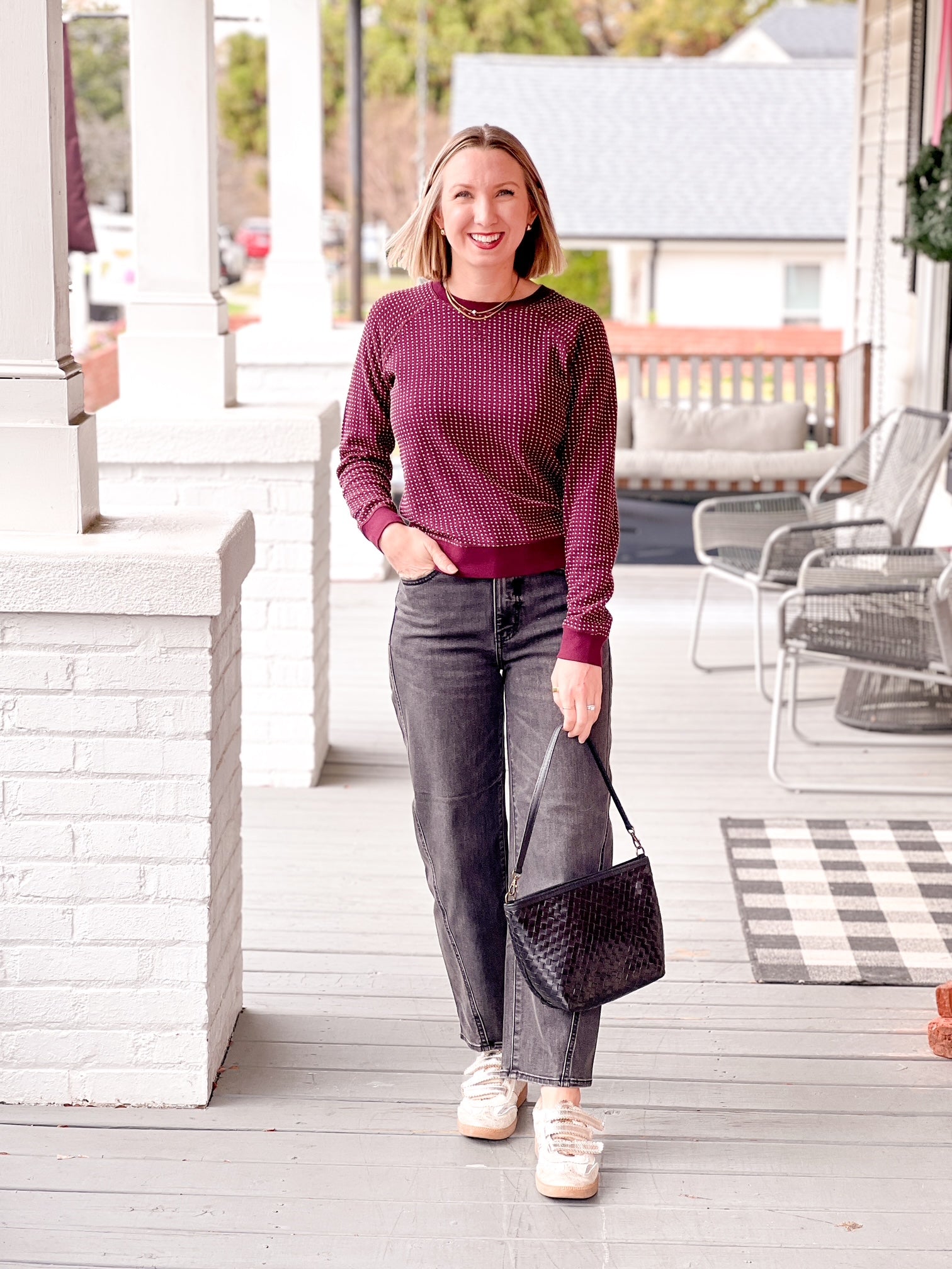 dot textured crew neck sweater