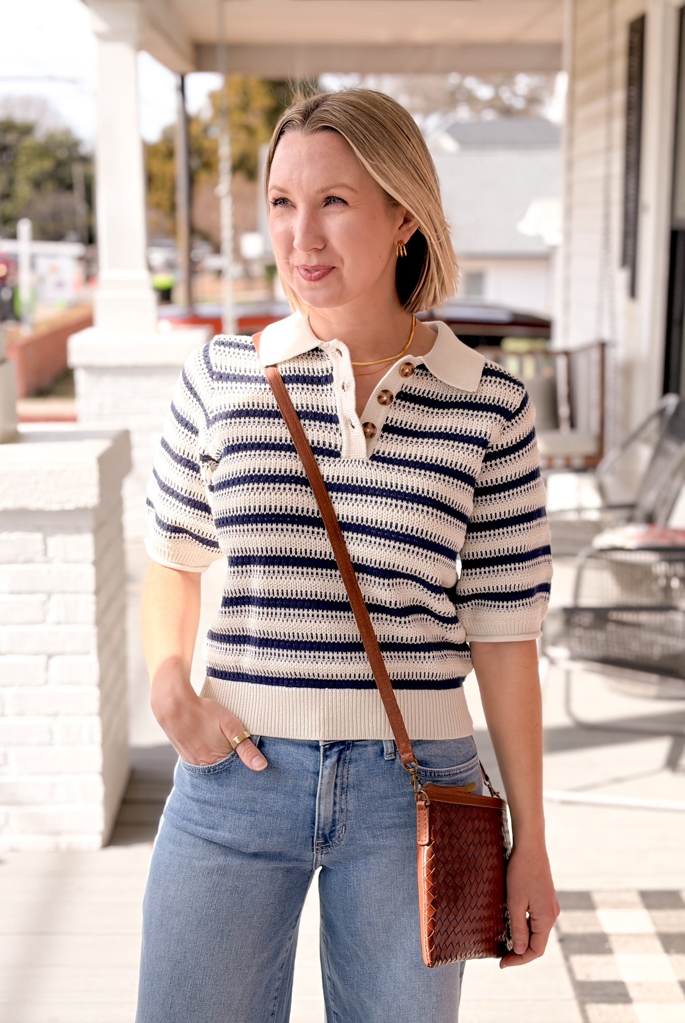 Rose & Lee Co Dina Top, Medieval Blue Stripe short sleeve