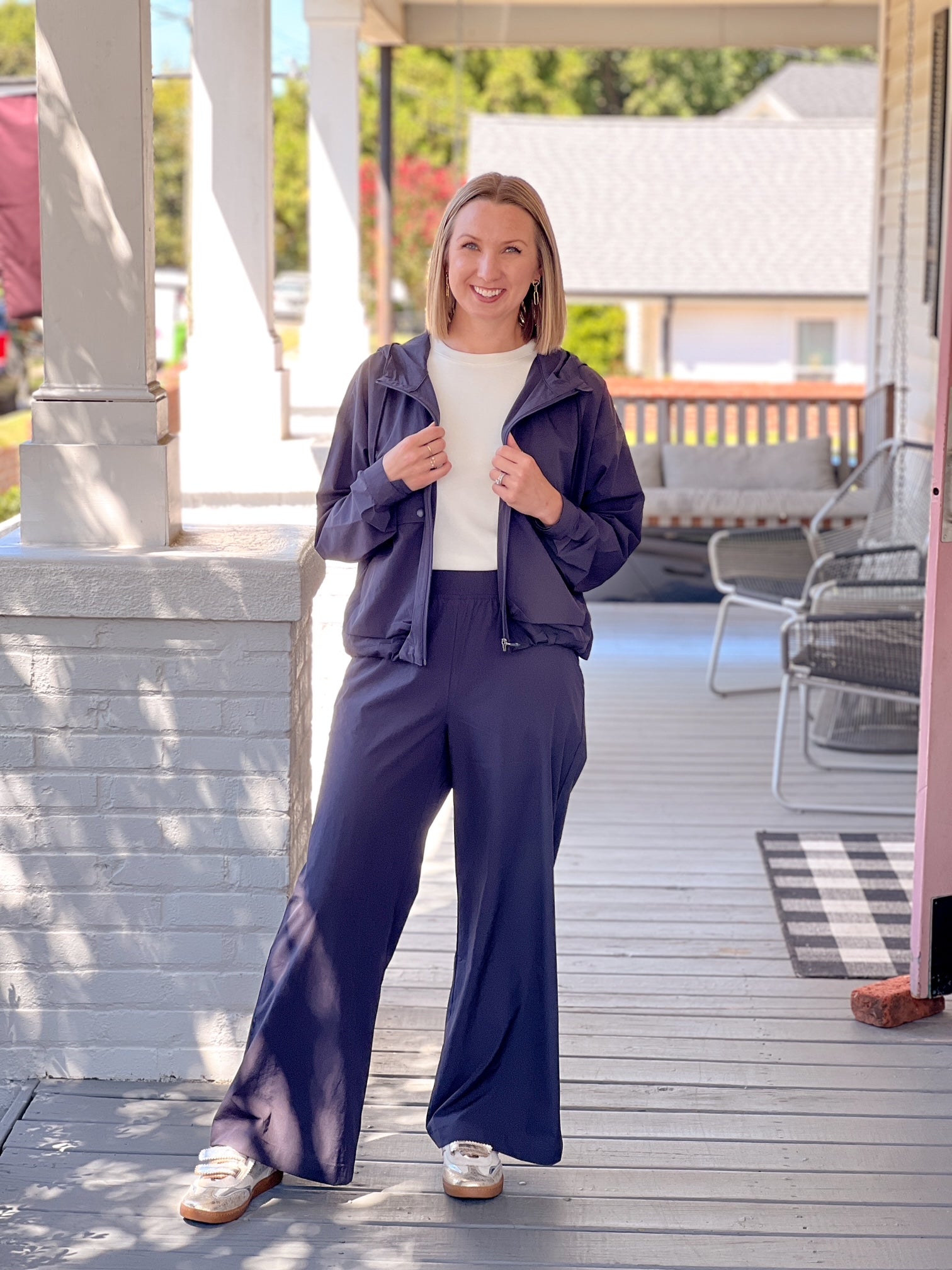 charcoal blue wide leg windbreak pants with elastic waist