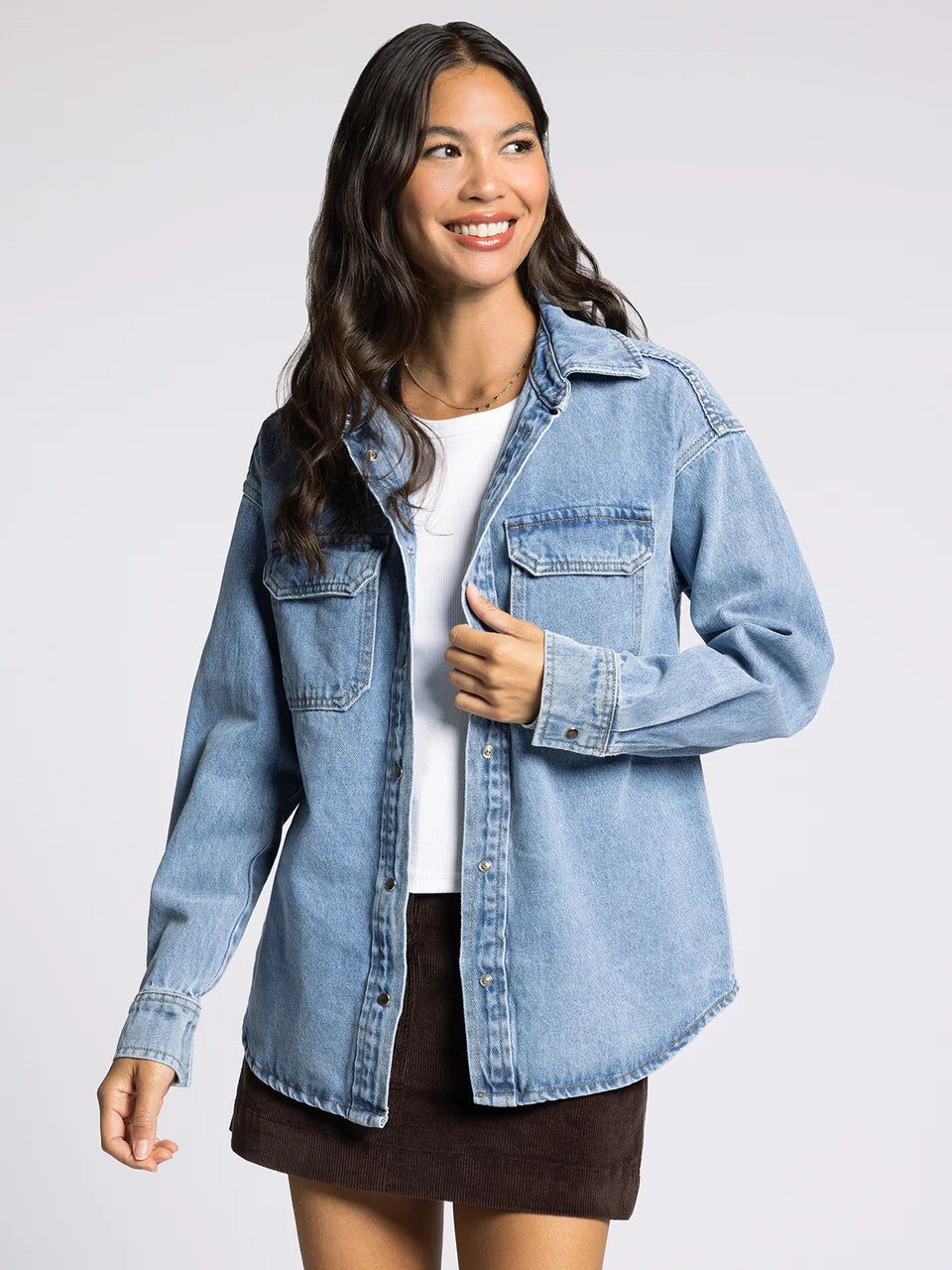 Blue Denim Long Sleeve Button Up Top
