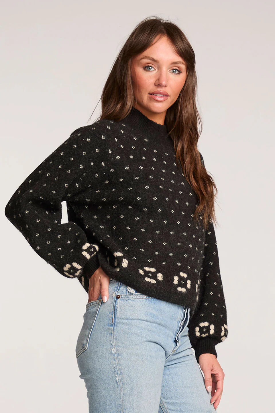 Soft Black & White Long Sleeve Sweater with Mock Neckline