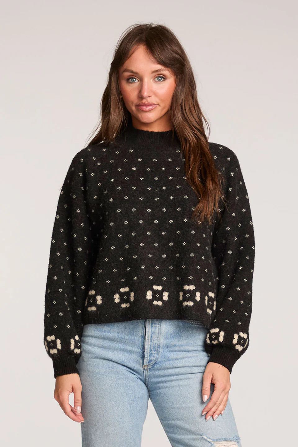 Soft Black & White Long Sleeve Sweater with Mock Neckline