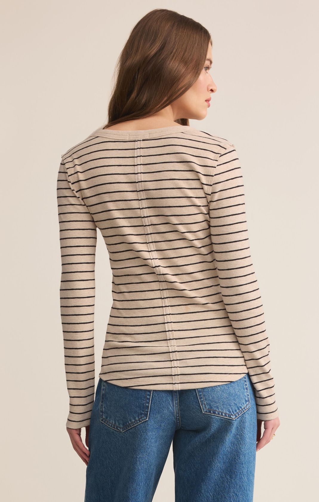 Light Oatmeal Heather Striped Henley Long Sleeve Top