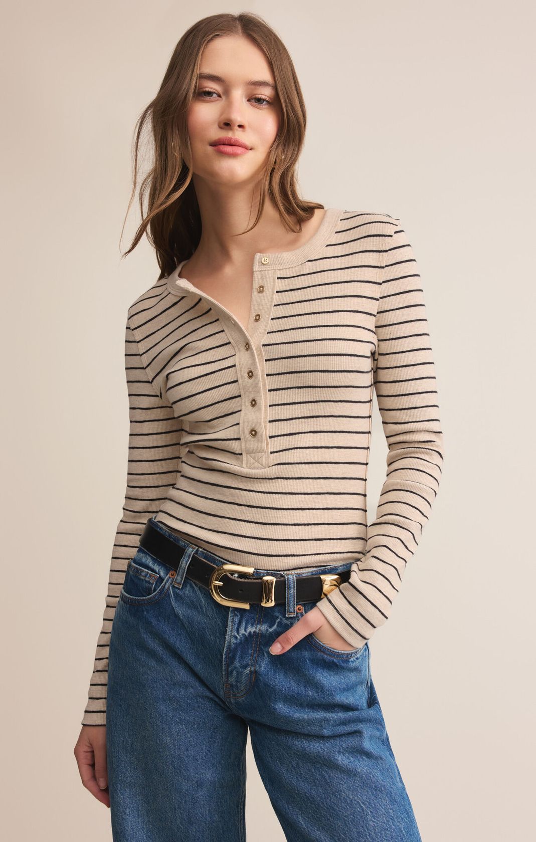 Light Oatmeal Heather Striped Henley Long Sleeve Top