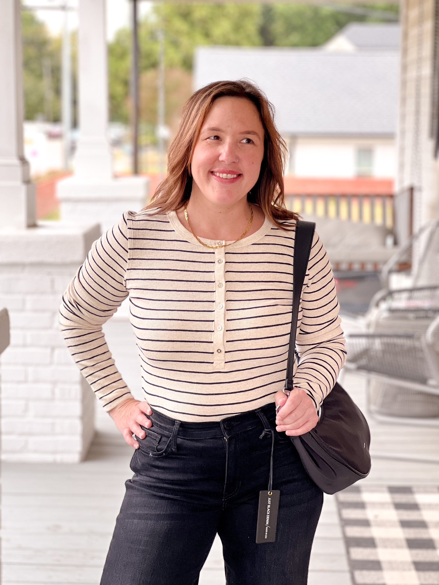 Light Oatmeal Heather Striped Henley Long Sleeve Top