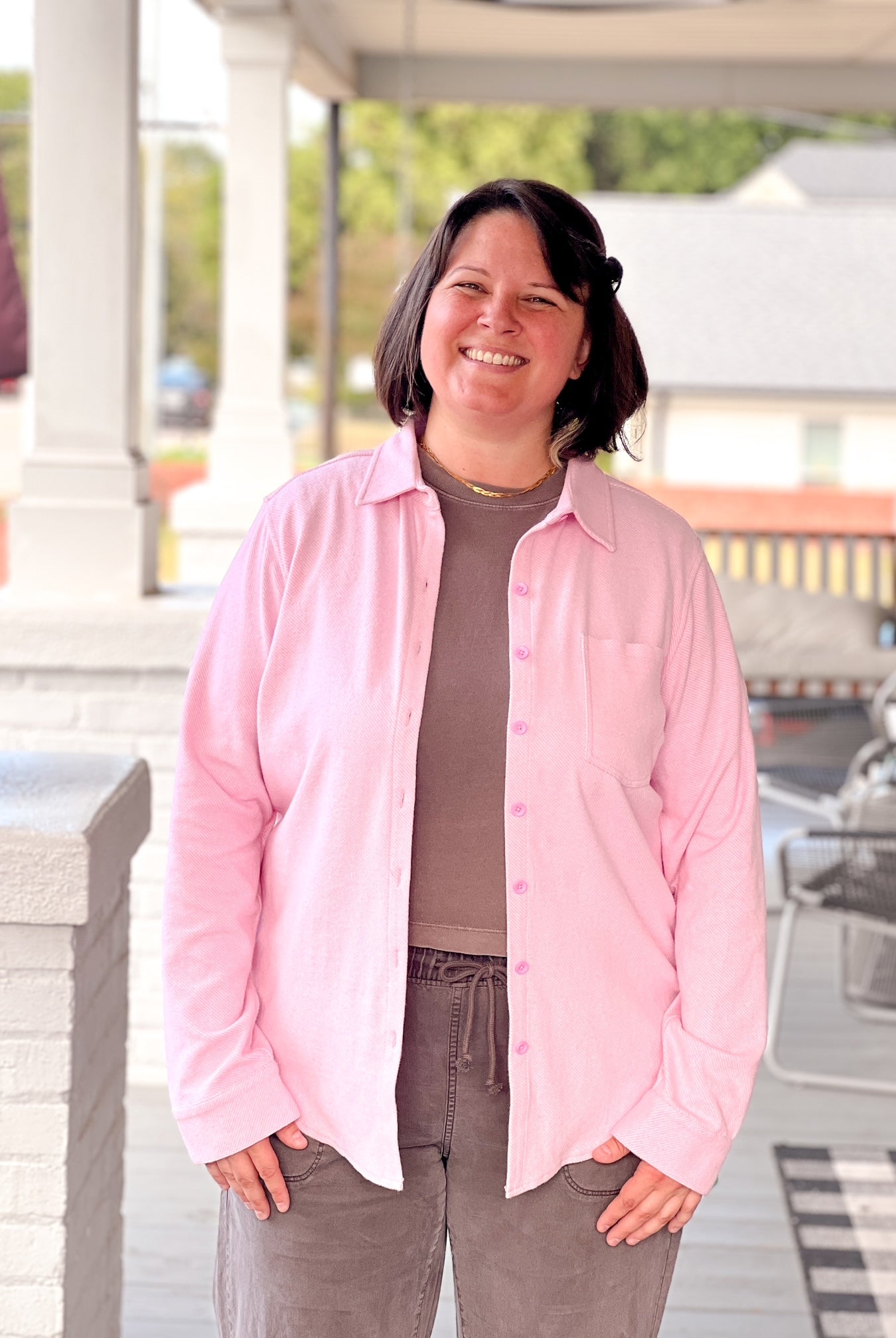 mauve heather button up long sleeve top