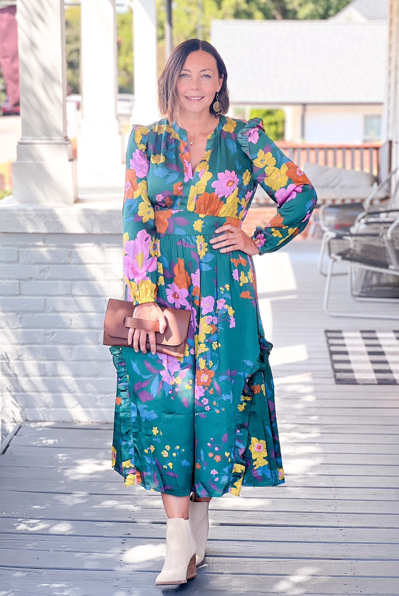 green floral dress, maxi length, with v neckline