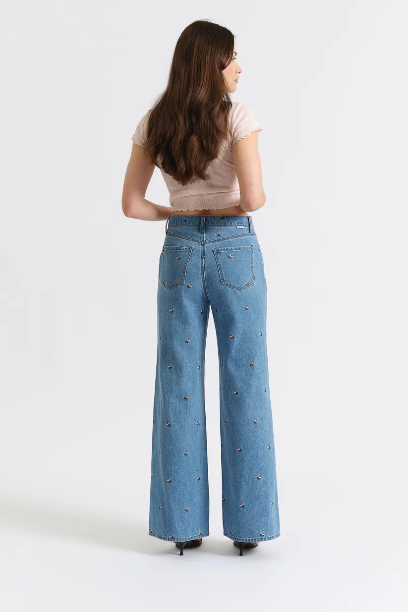 Embroidered Floral High Rise Wide Leg Jeans