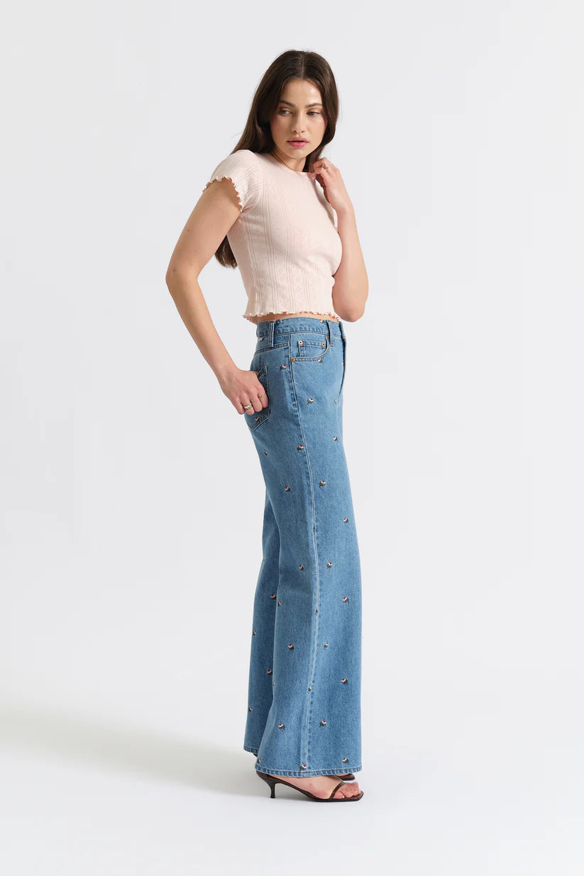Embroidered Floral High Rise Wide Leg Jeans
