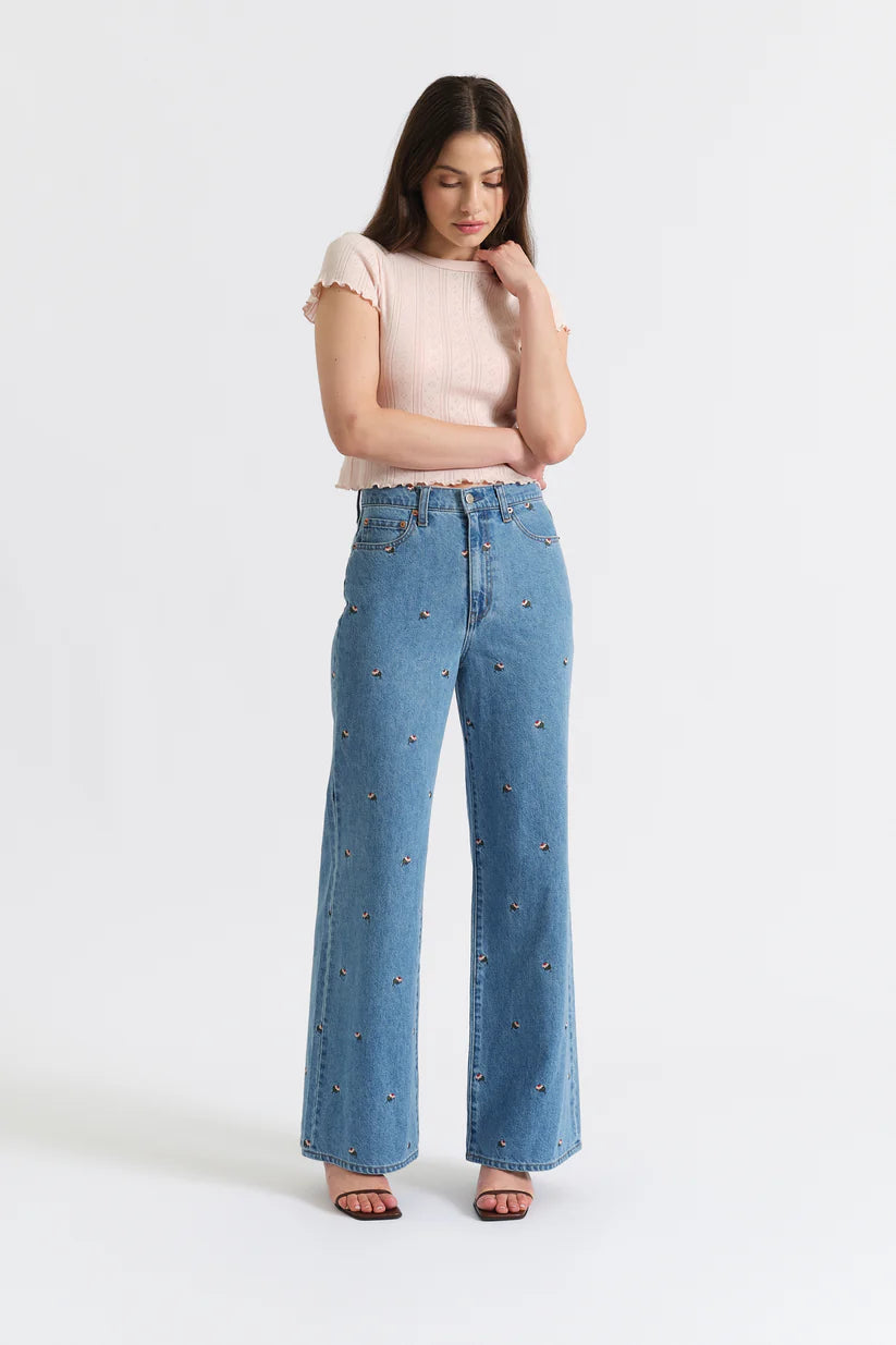 Embroidered Floral High Rise Wide Leg Jeans