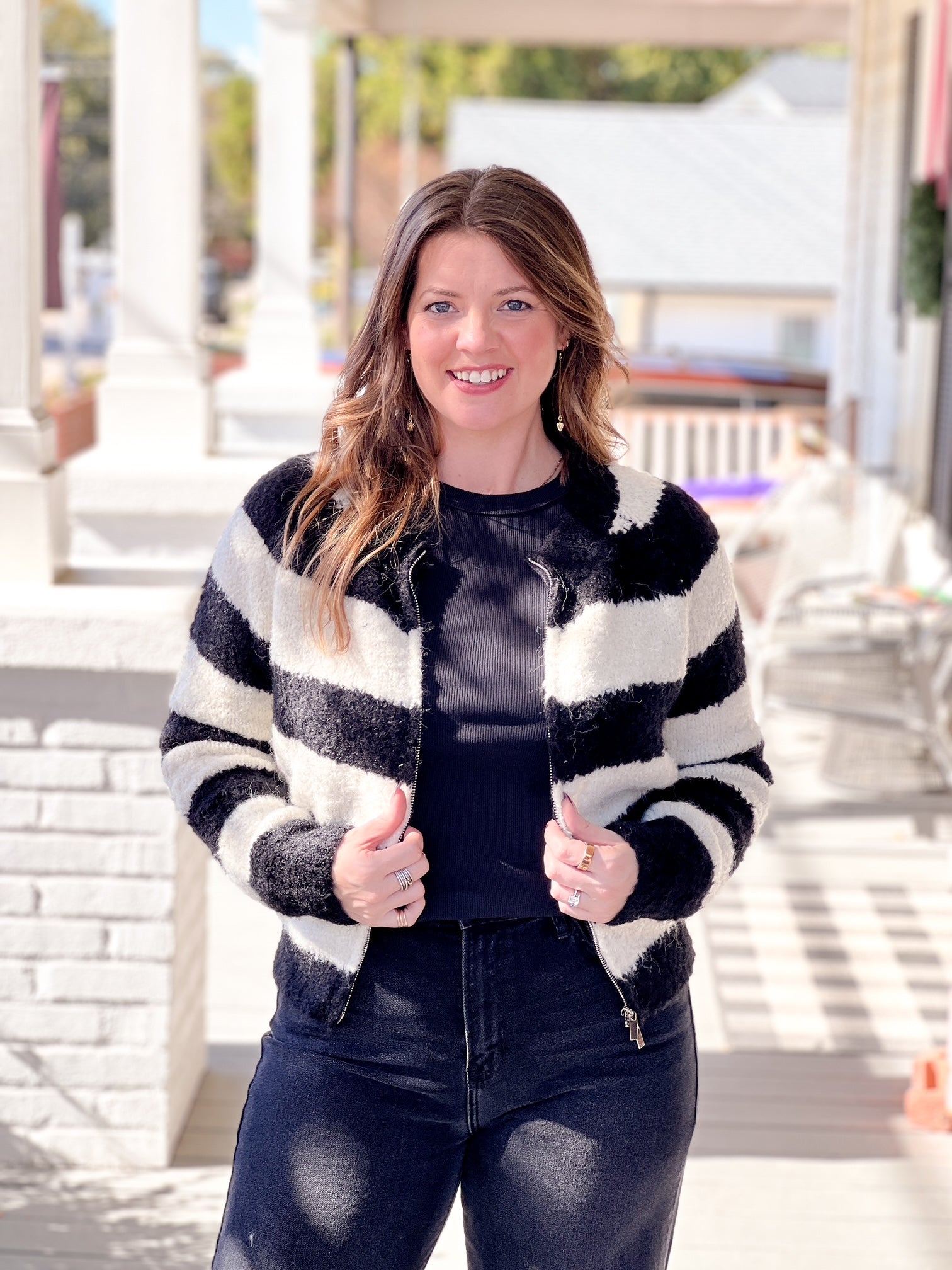 cardigan, zip front, black and white stripes