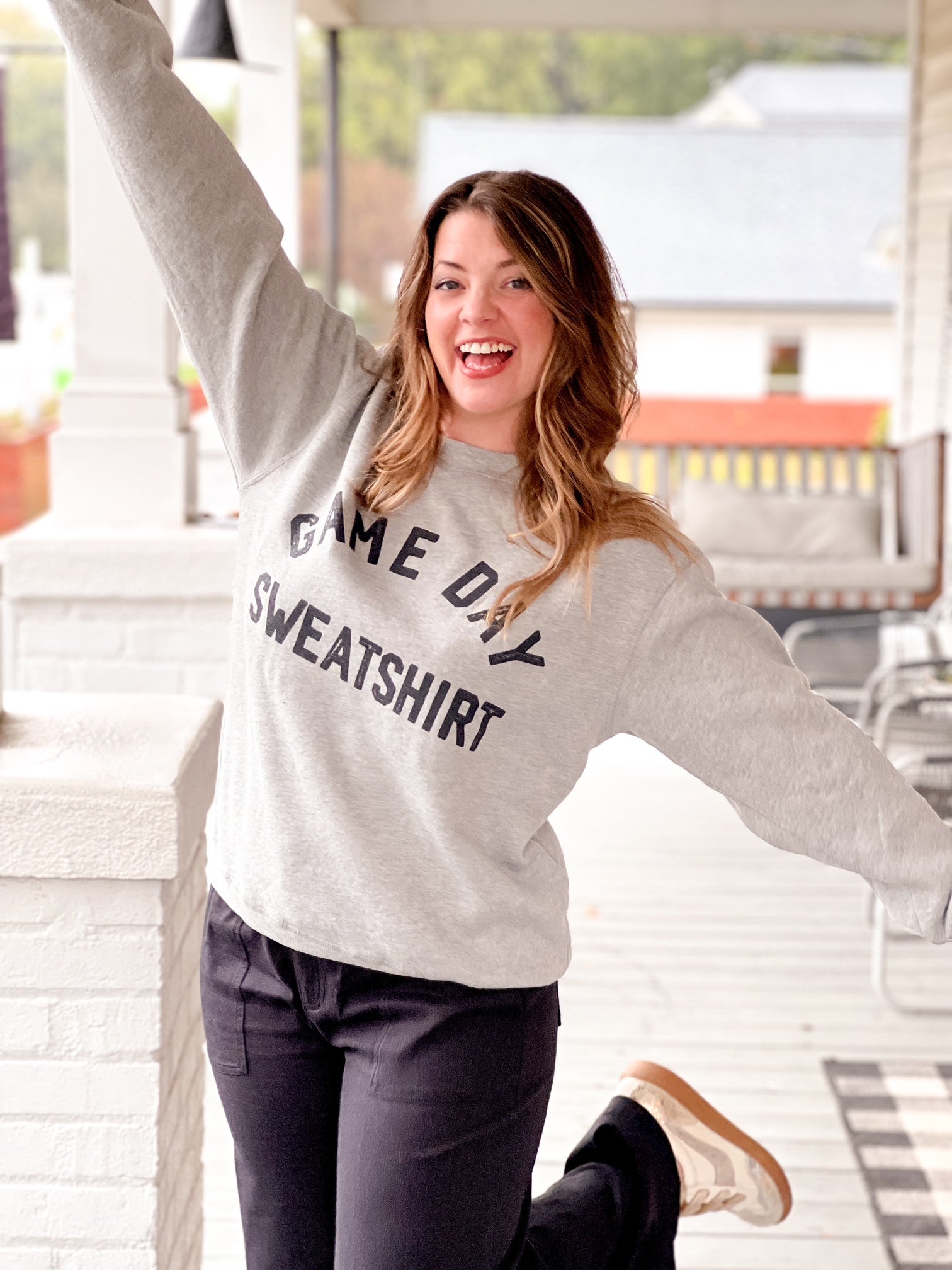 grey sweatshirt day drinking game day written on it, reversible