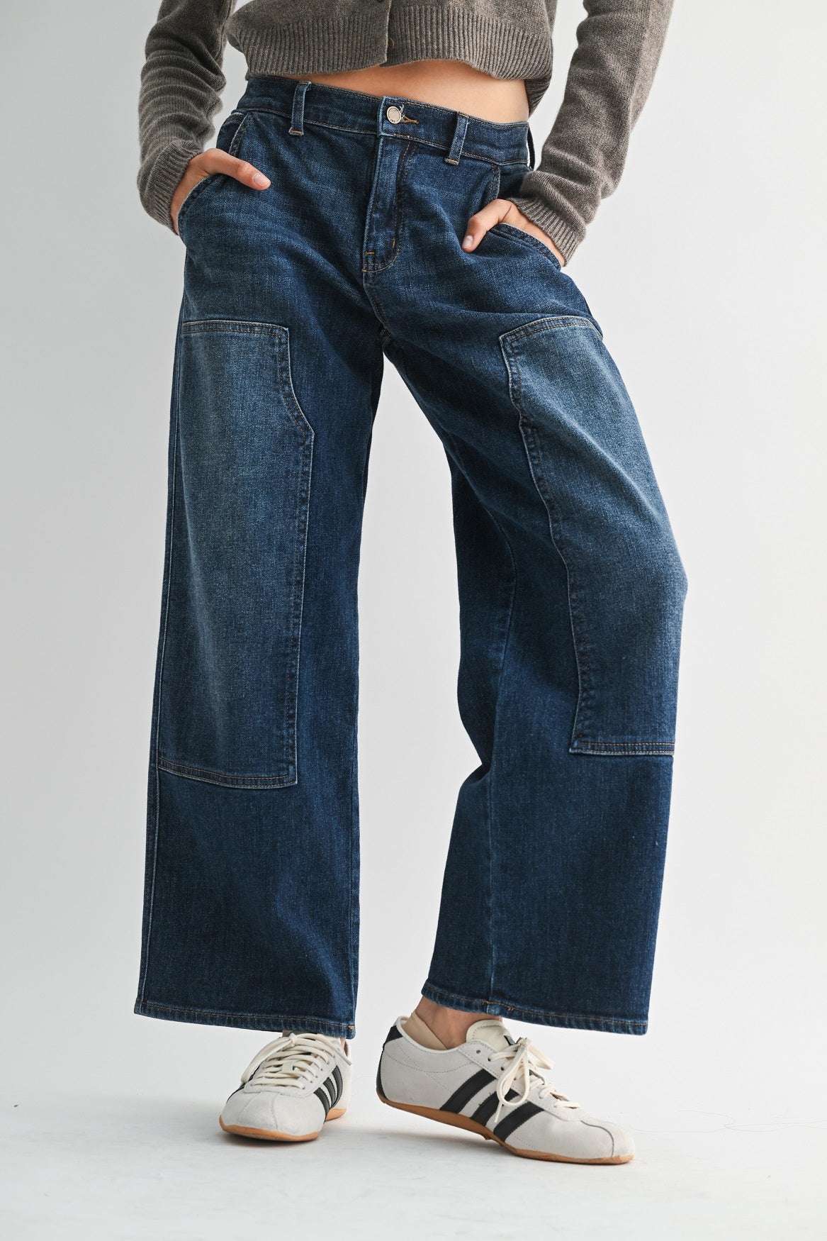 Dark Denim Mid Rise Wide Leg Jeans