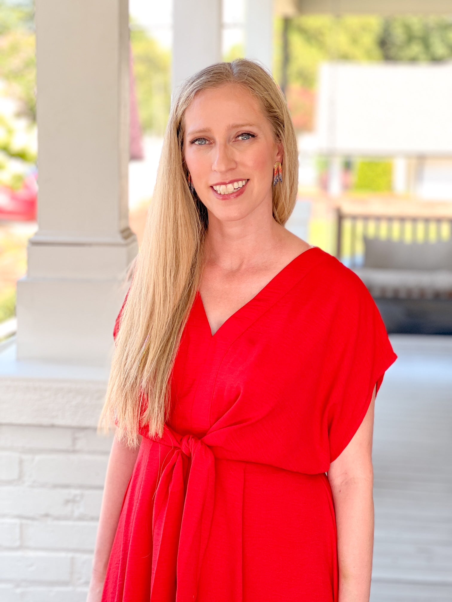red work dress, mini length, with v neckline
