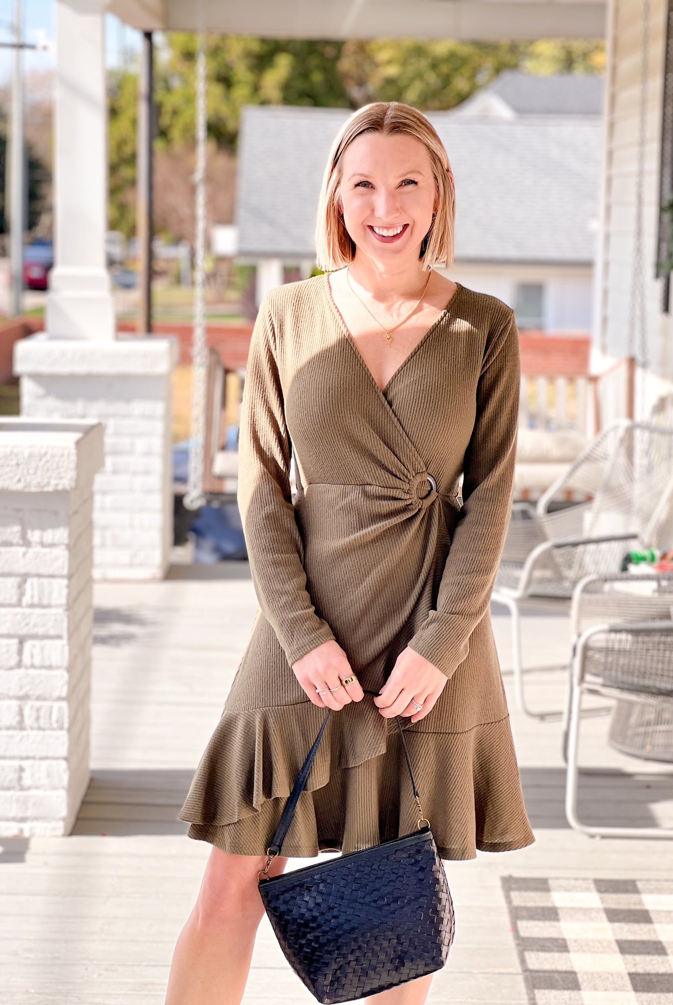 Ribbed Olive Green Mini Dress with O-Ring