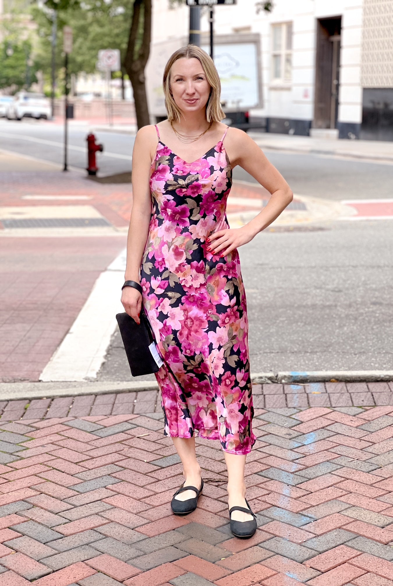 pink floral dress with spaghetti straps