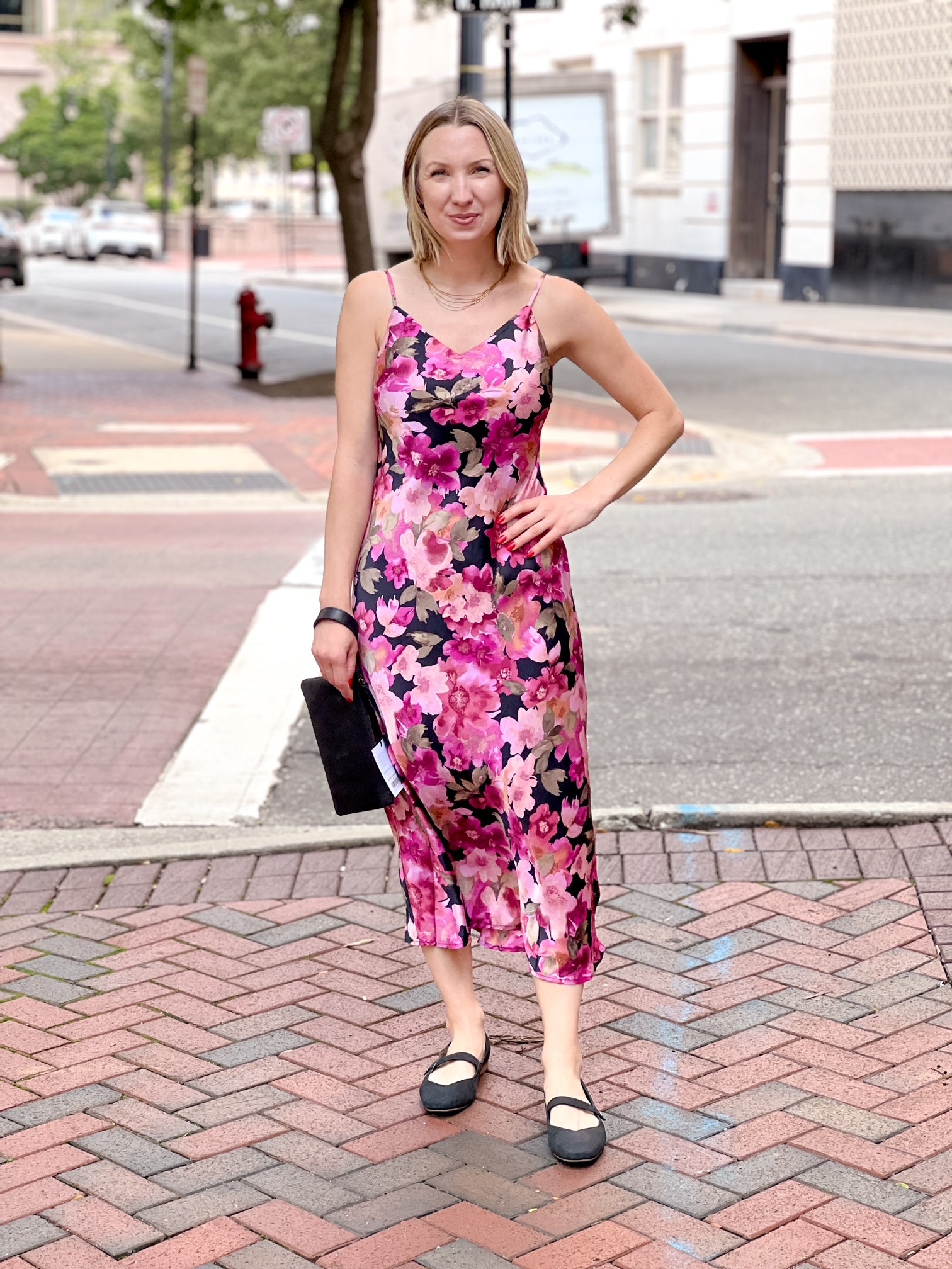 pink floral dress with spaghetti straps