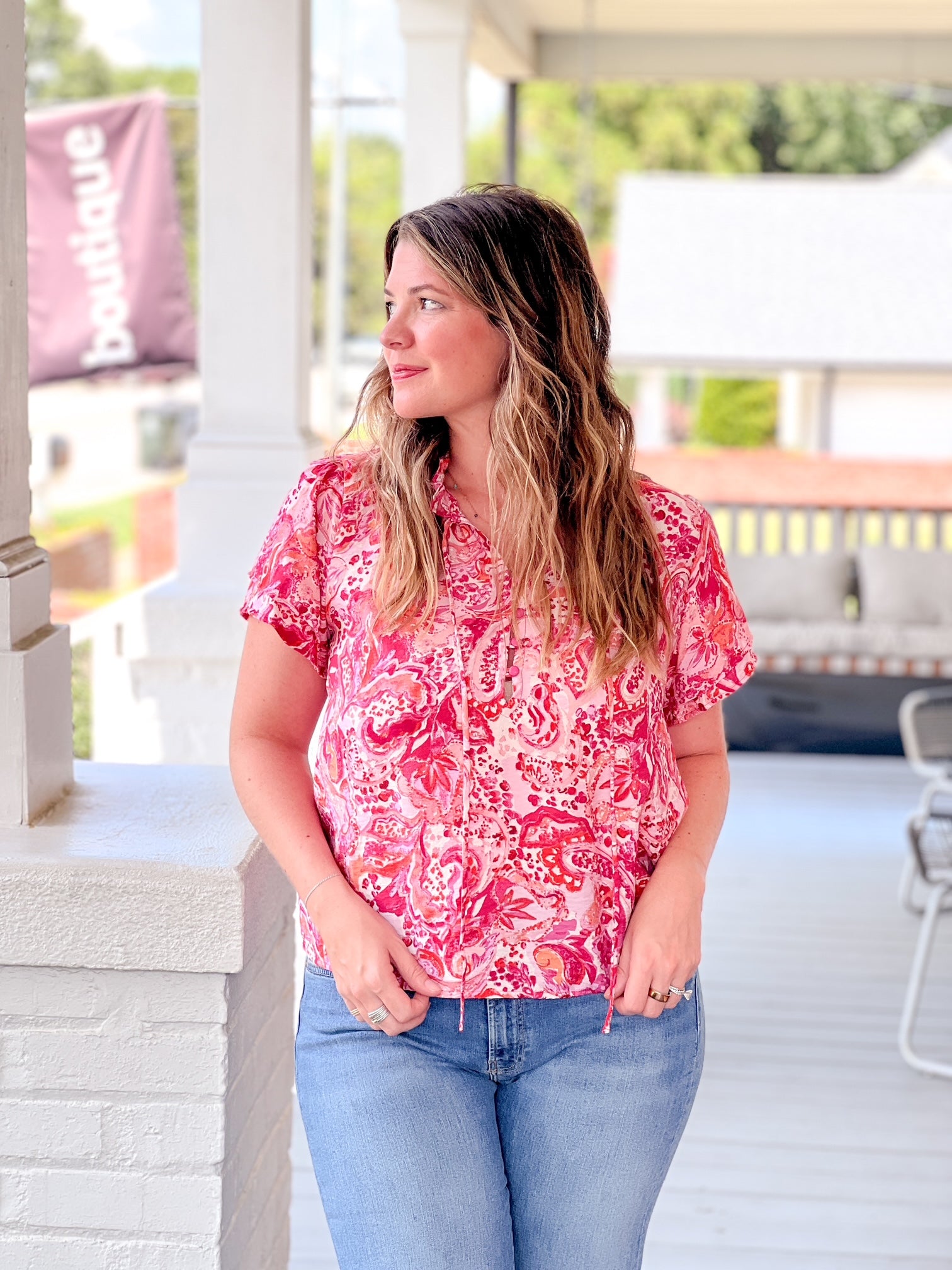 Rose & Lee Co Kalani Top, Pink/Multi Paisley Work Tops