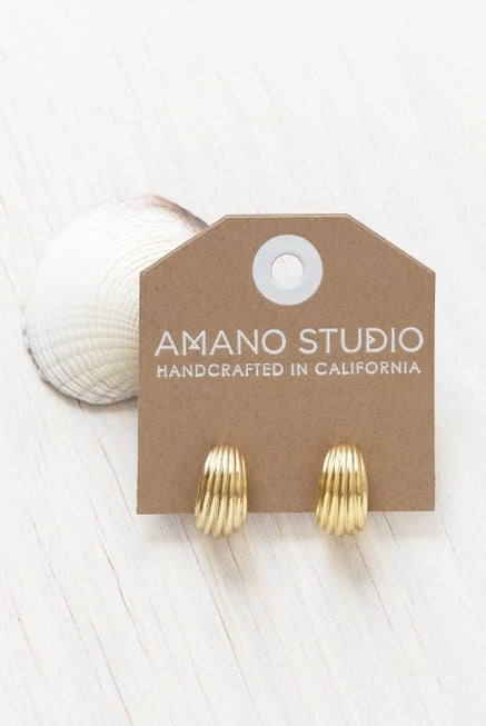 Rose & Lee Co Vintage Ribbed Shell Hoop Earrings, Yellow Gold Earrings