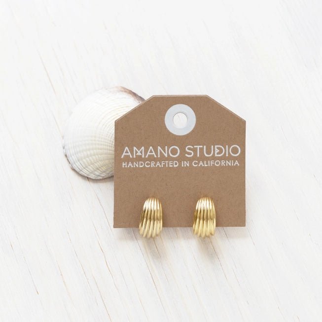Rose & Lee Co Vintage Ribbed Shell Hoop Earrings, Yellow Gold Earrings