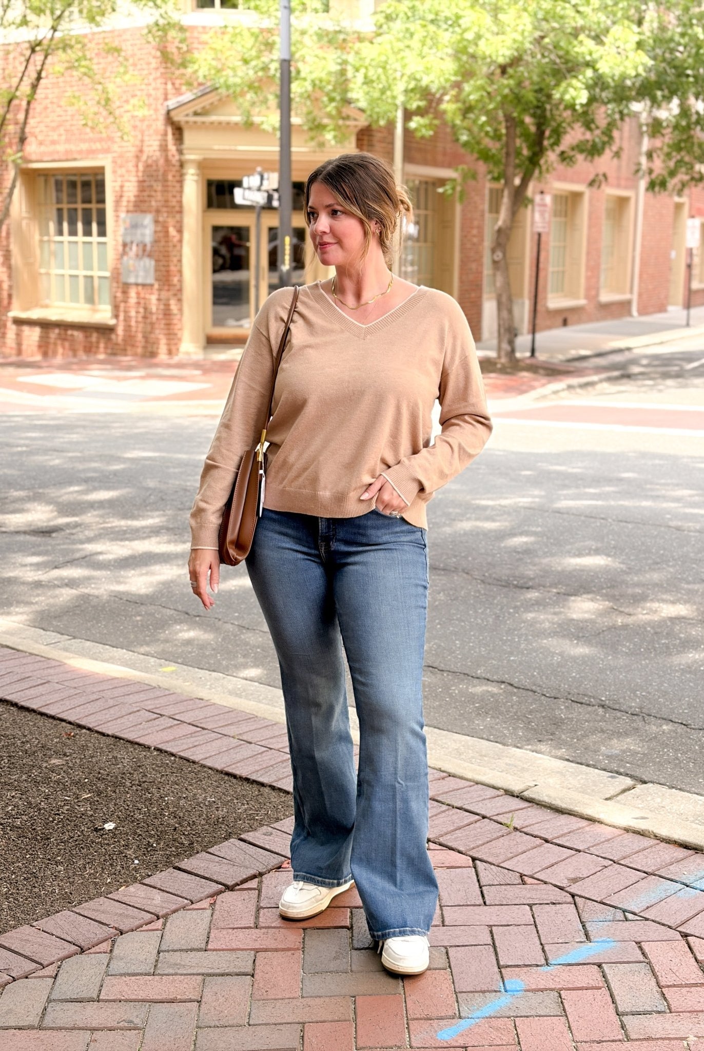 Rose & Lee Co The Cozy V Neck Sweater, Dune Mist by Good American Sweaters