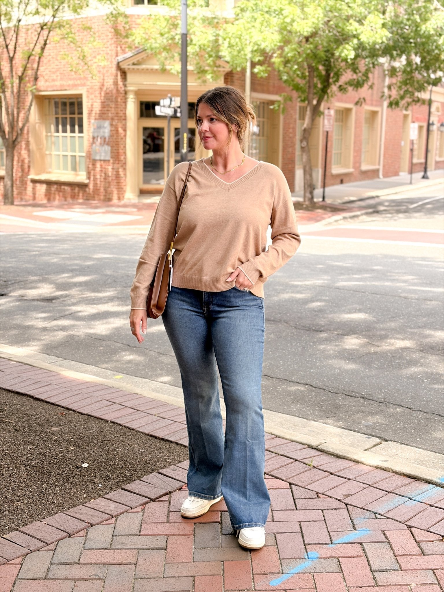 Rose & Lee Co The Cozy V Neck Sweater, Dune Mist by Good American Sweaters