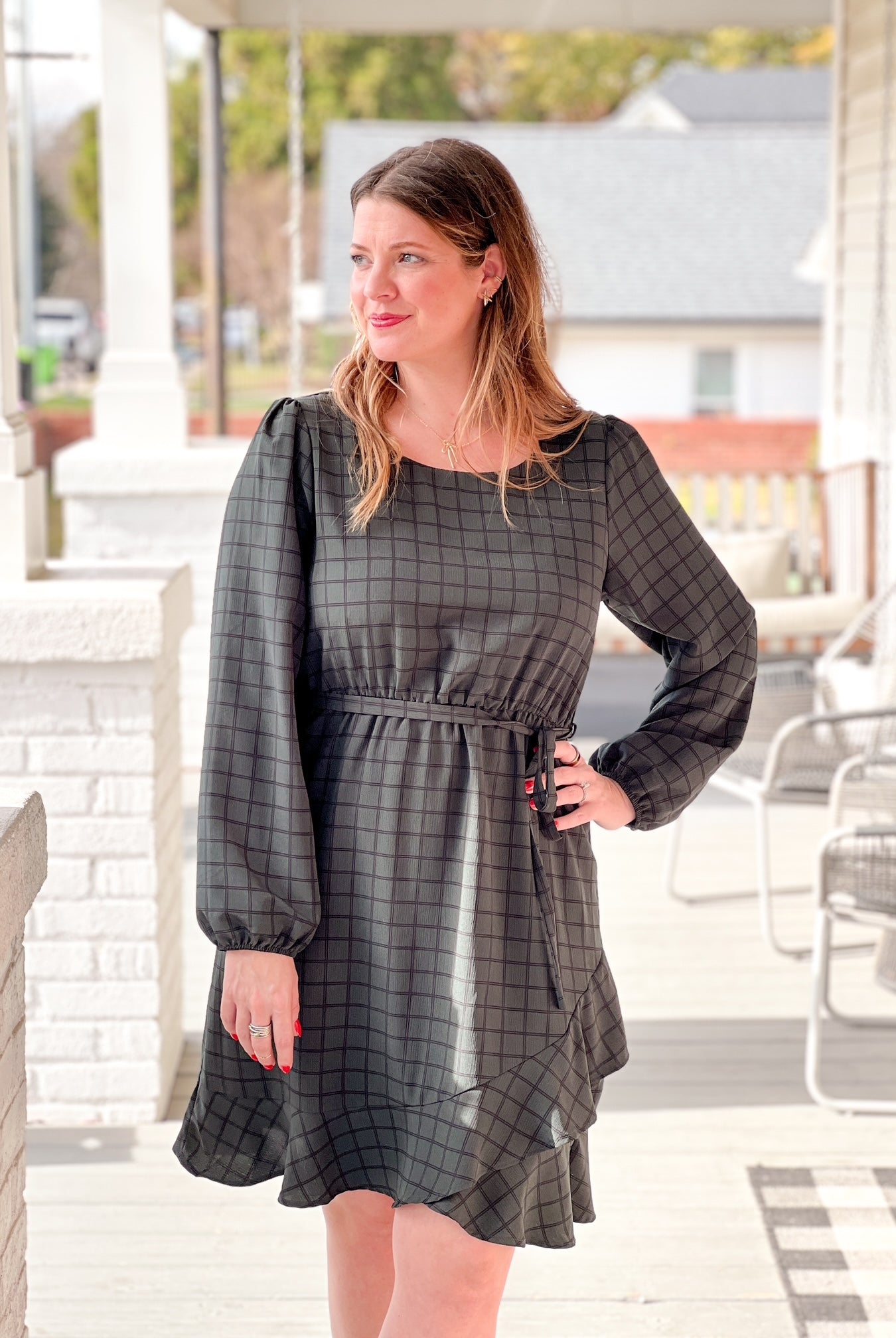 Dark Green and Black Grid Pattern Long Sleeve Mini Dress