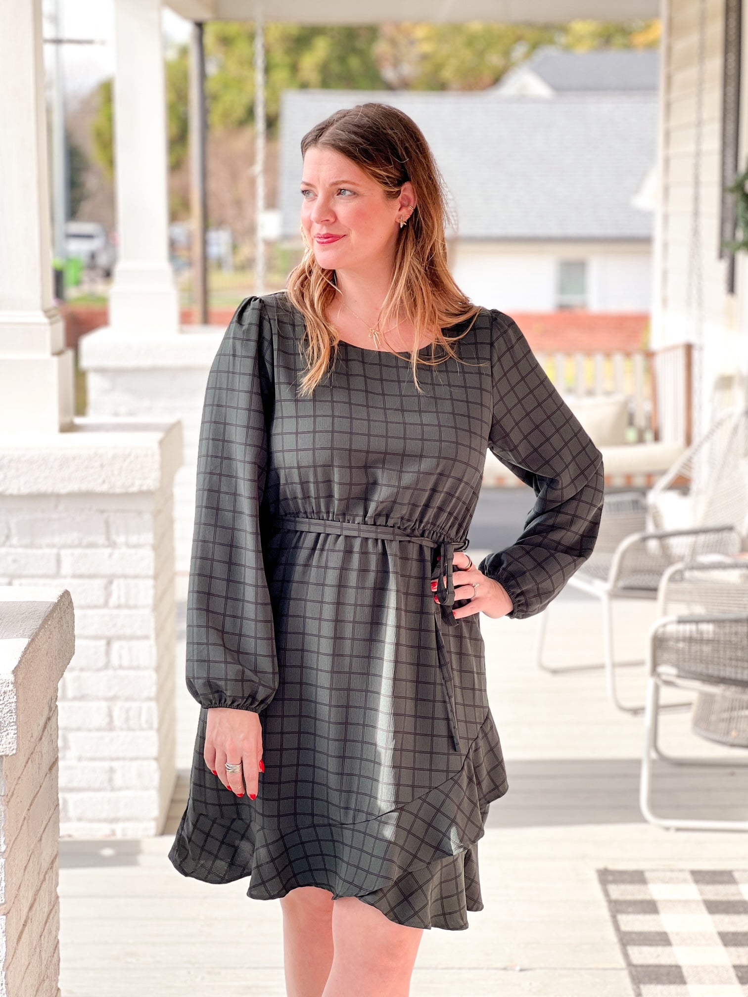 Dark Green and Black Grid Pattern Long Sleeve Mini Dress