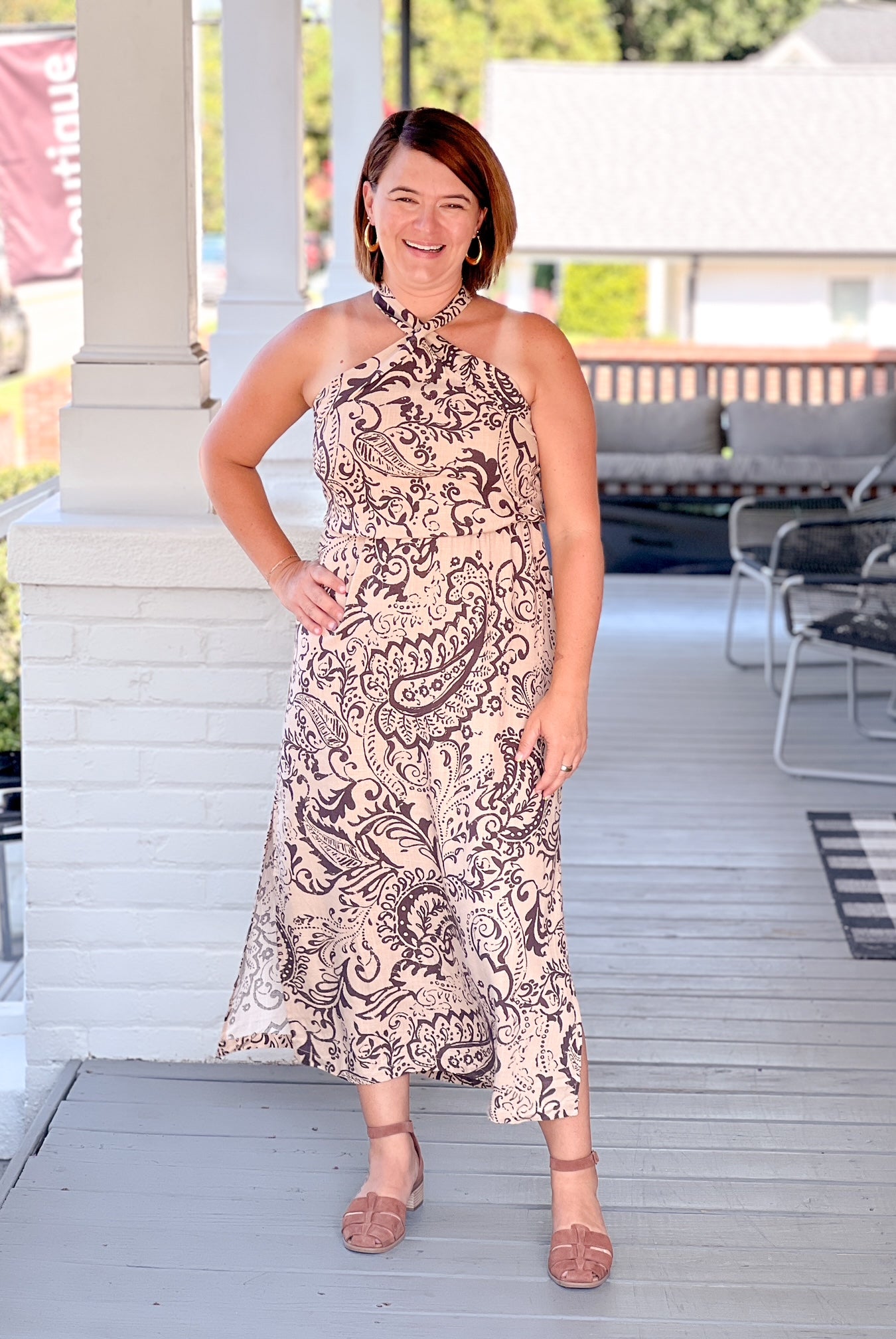 desert bandana pattern dress taupe with smocked waistline and halter neckline