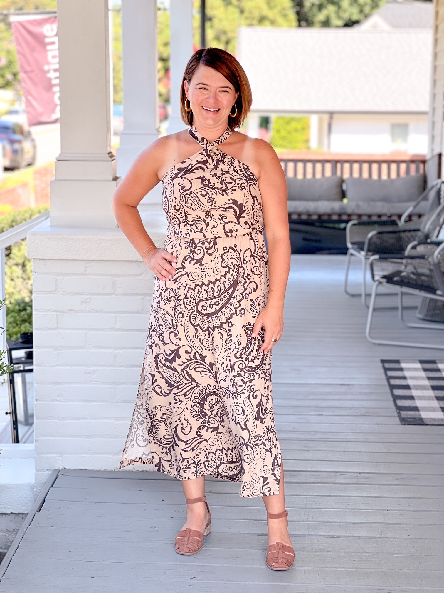 desert bandana pattern dress taupe with smocked waistline and halter neckline