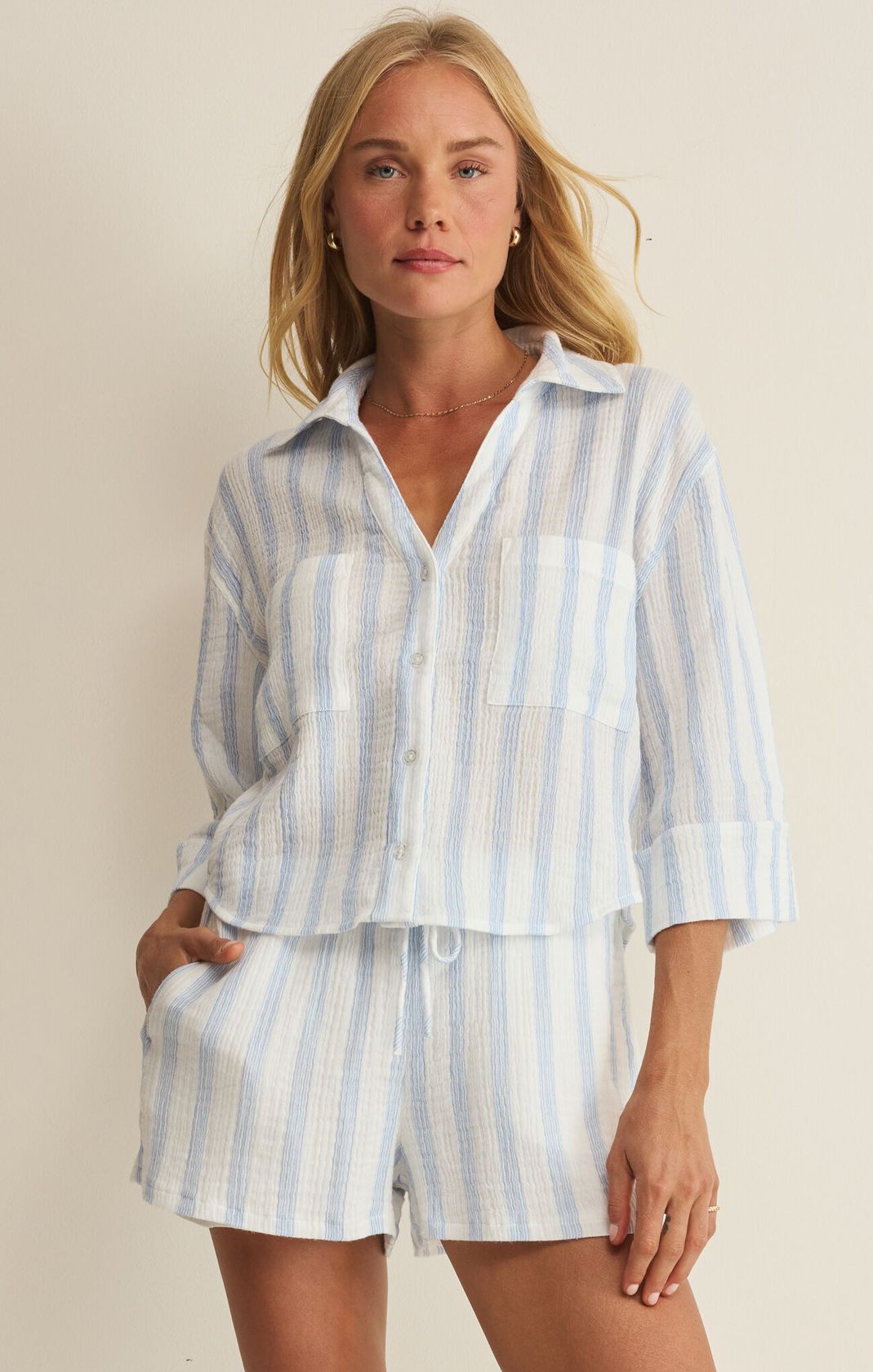 Rose & Lee Co Helena Striped Top, Sea Salt by Z Supply short sleeve