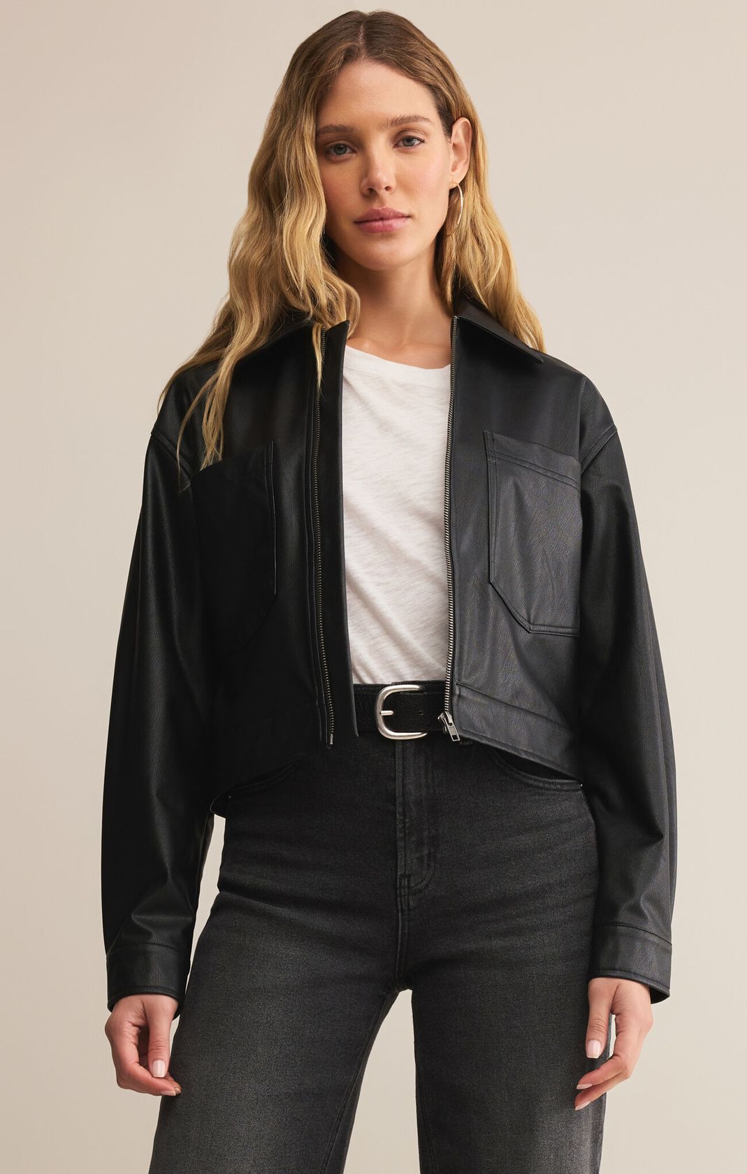 Black Faux Leather Zip Up Jacket
