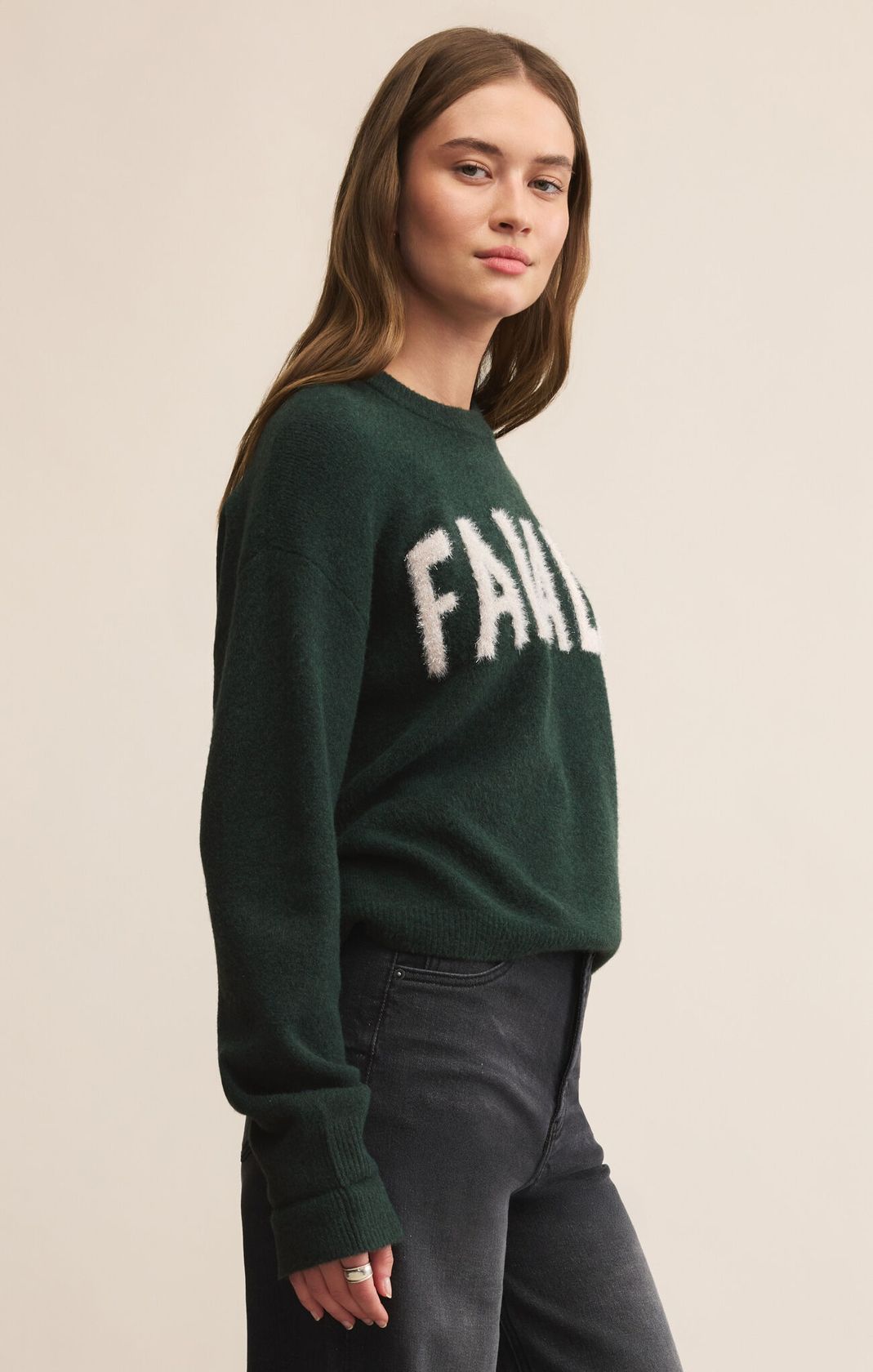 Soft Green Long Sleeve Sweater that says "Fa La La"