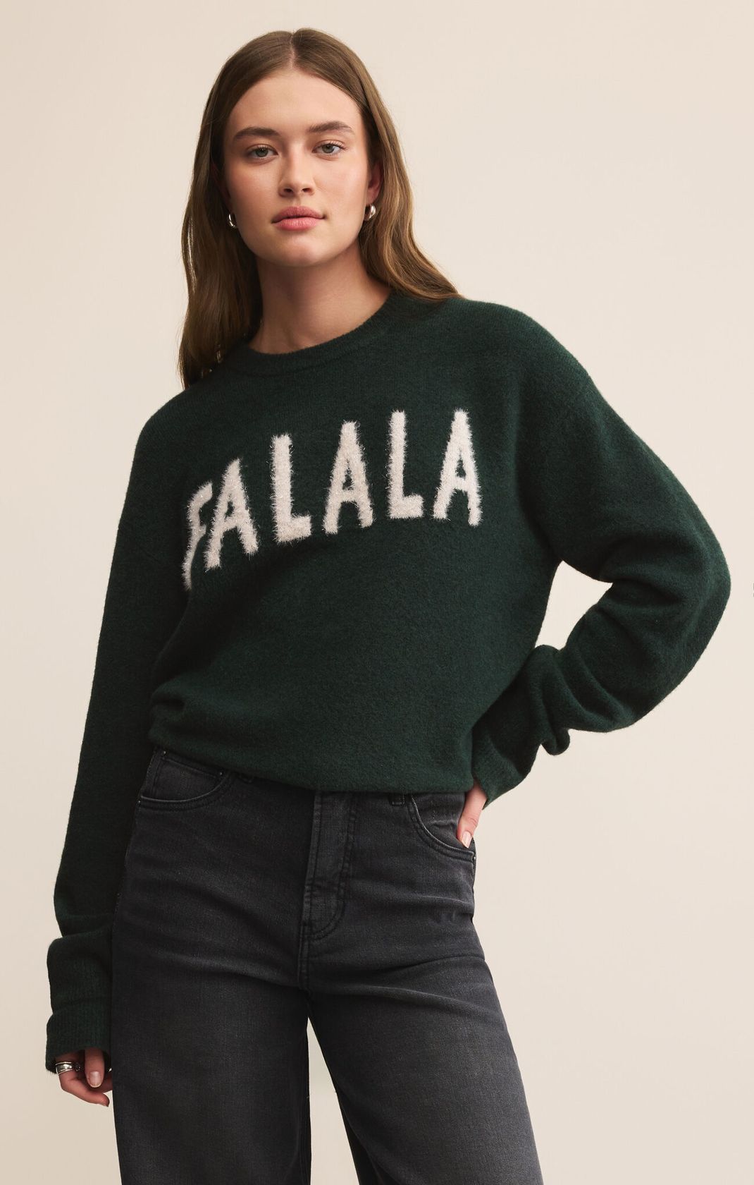 Soft Green Long Sleeve Sweater that says "Fa La La"